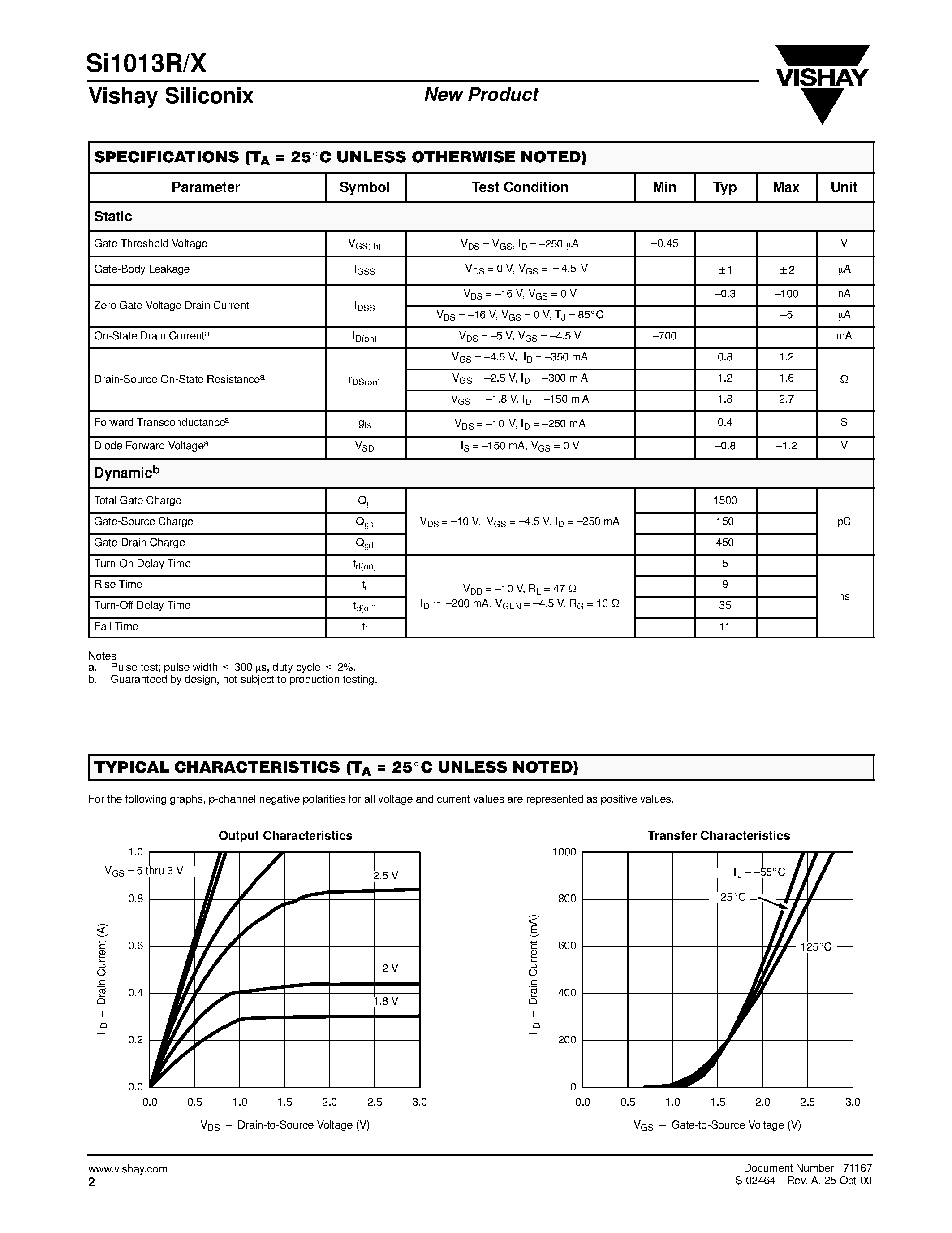 Datasheet SI1013R - P-Channel 1.8-V (G-S) MOSFET page 2