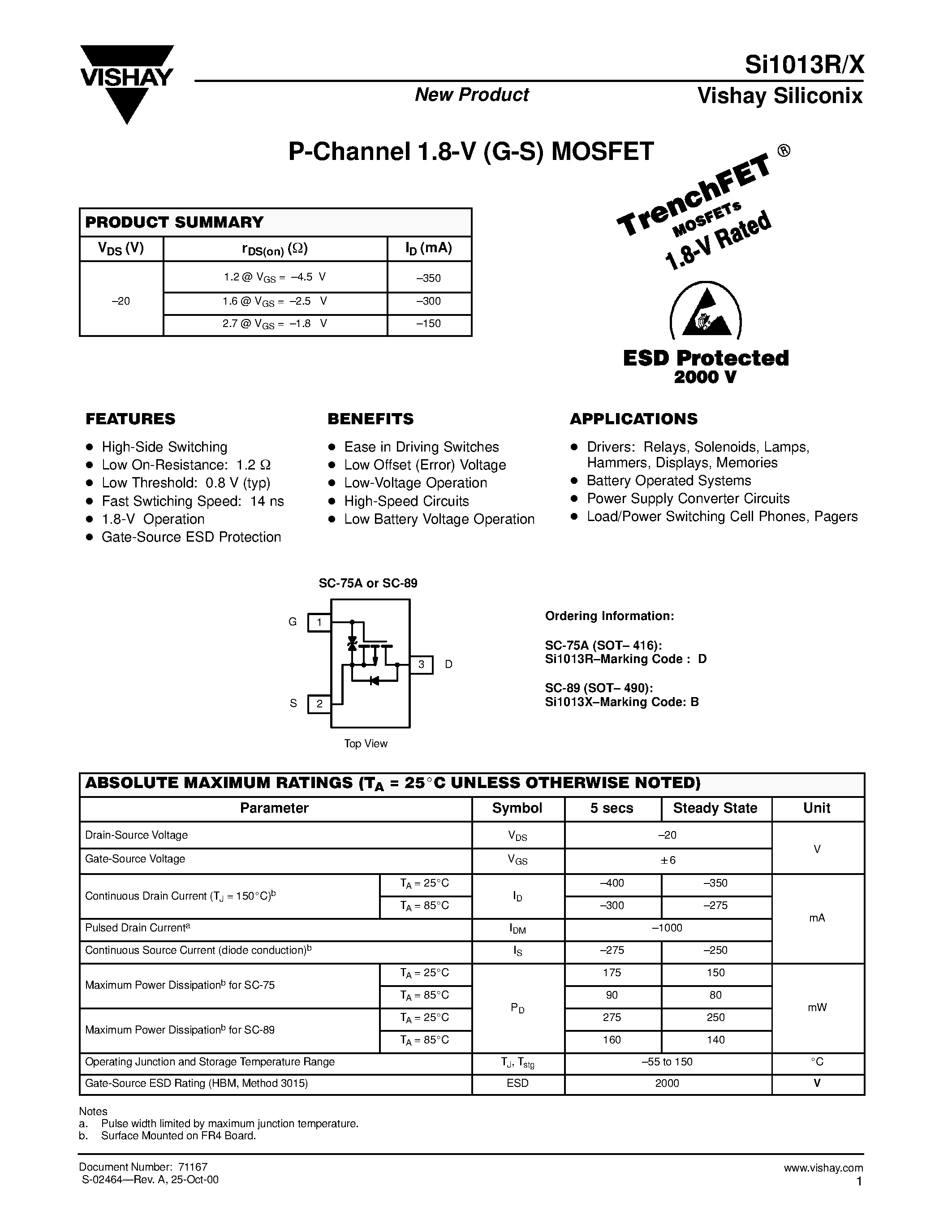 Datasheet SI1013X - P-Channel 1.8-V (G-S) MOSFET page 1