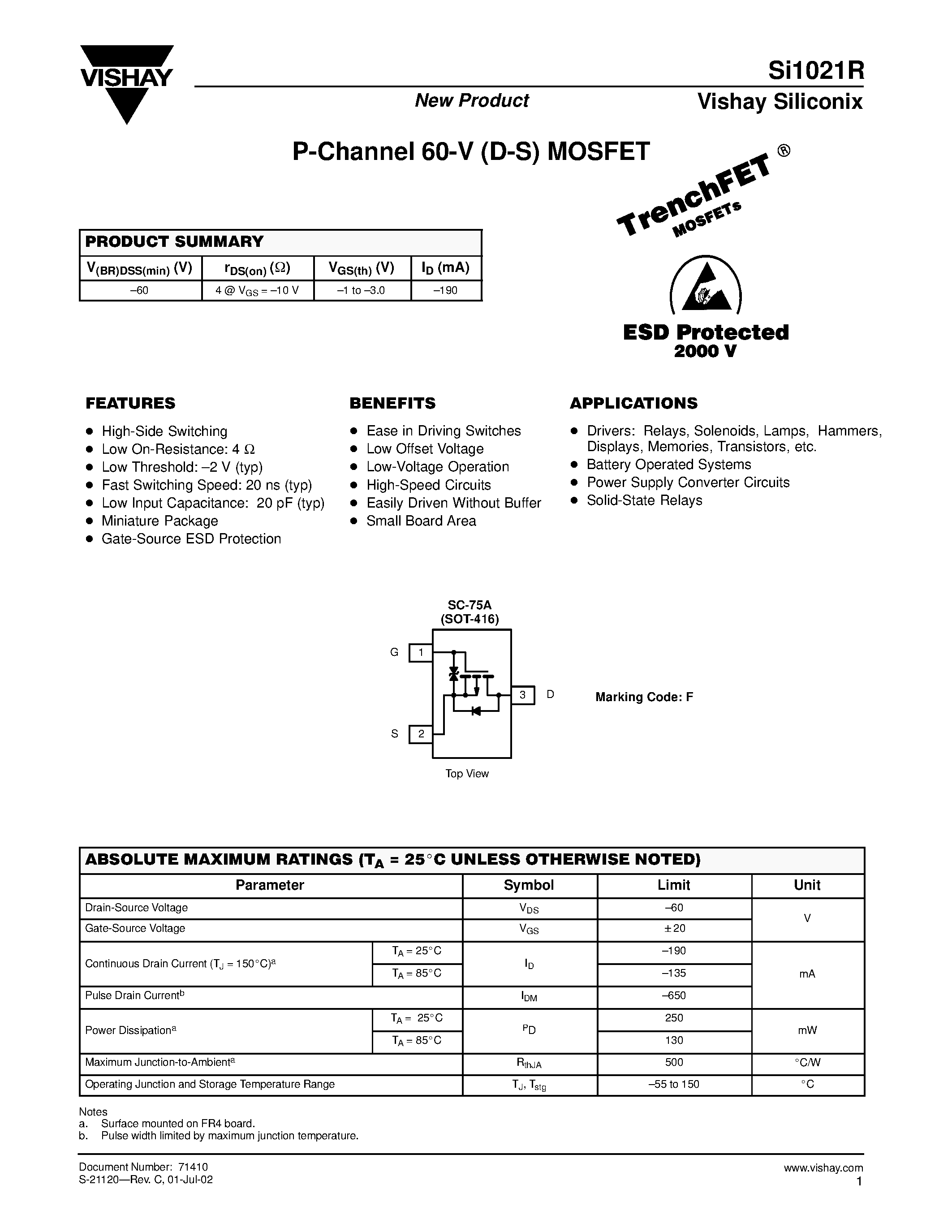 Даташит SI1021R - P-Channel 60-V (D-S) MOSFET страница 1