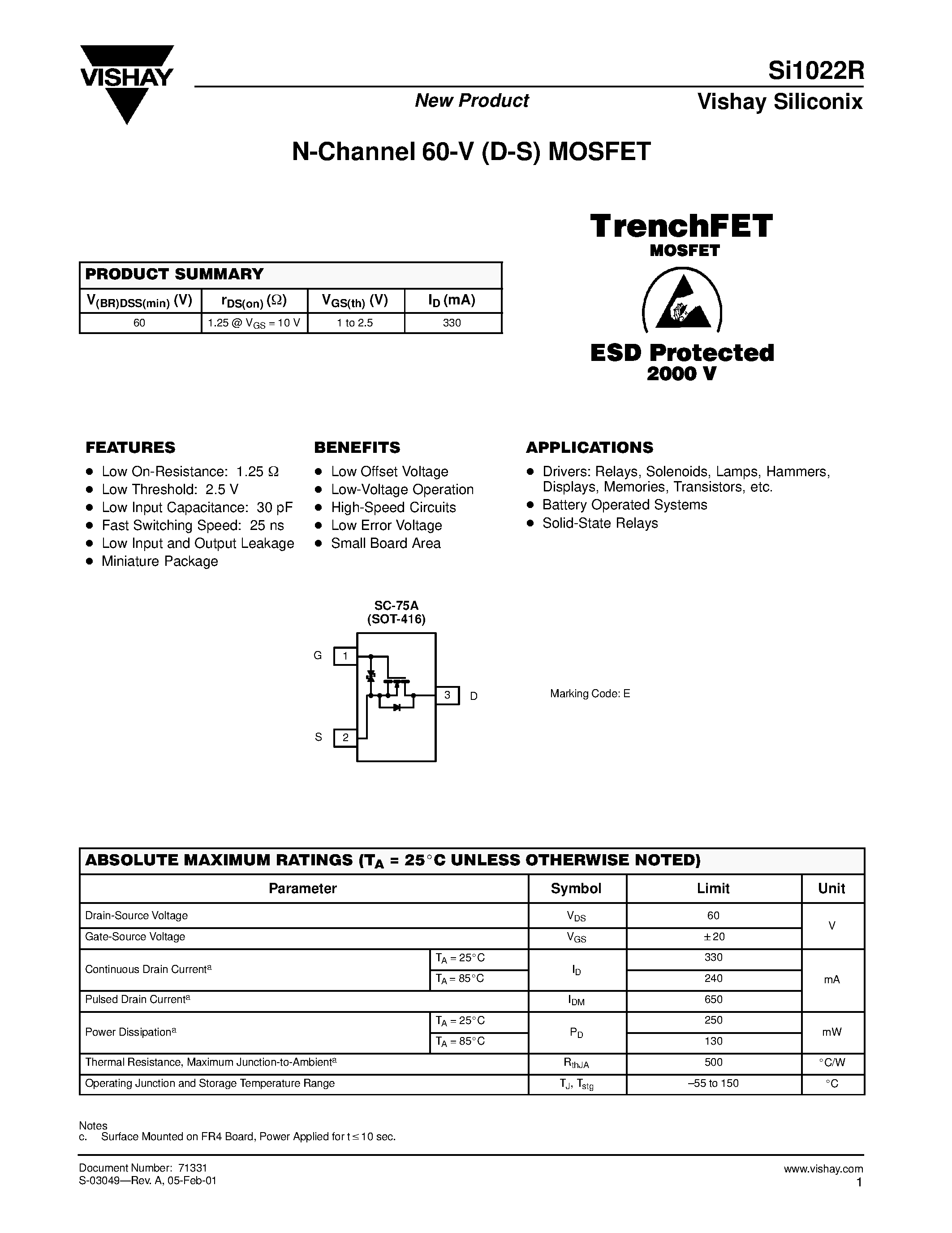 Даташит SI1022R - N-Channel 60-V (D-S) MOSFET страница 1