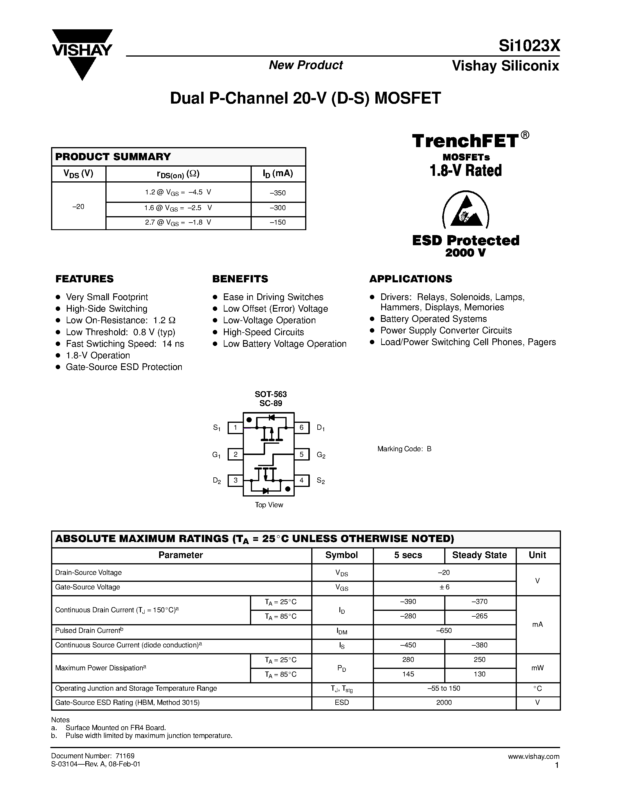 Даташит SI1023X - Dual P-Channel 20-V (D-S) MOSFET страница 1