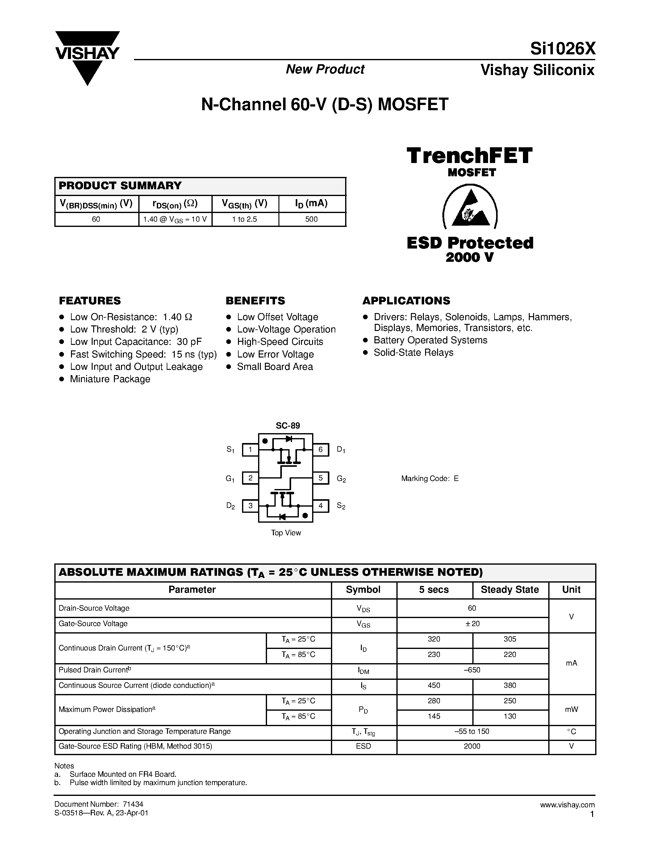 Даташит SI1026X - N-Channel 60-V (D-S) MOSFET страница 1