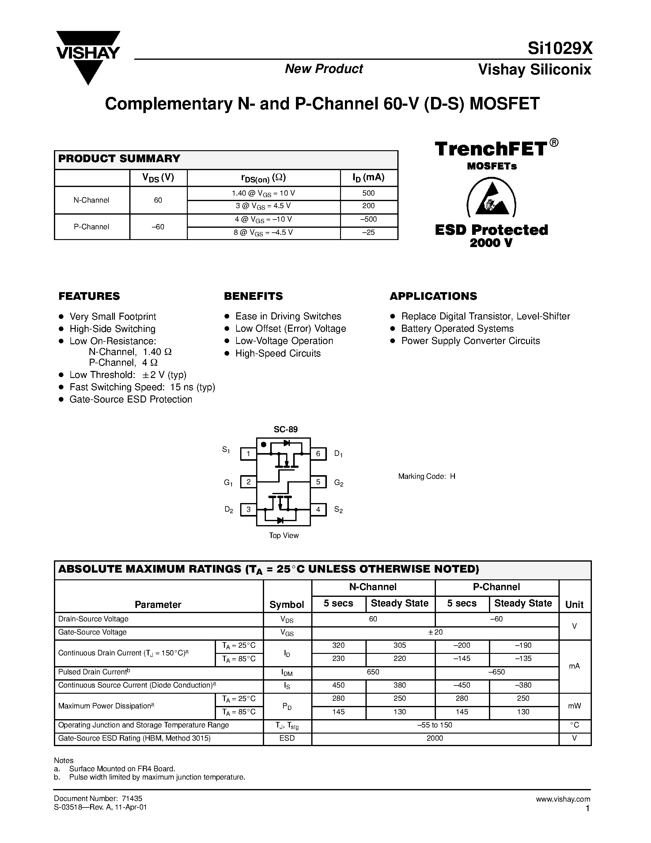 Даташит SI1029X - Complementary N- and P-Channel 60-V (D-S) MOSFET страница 1