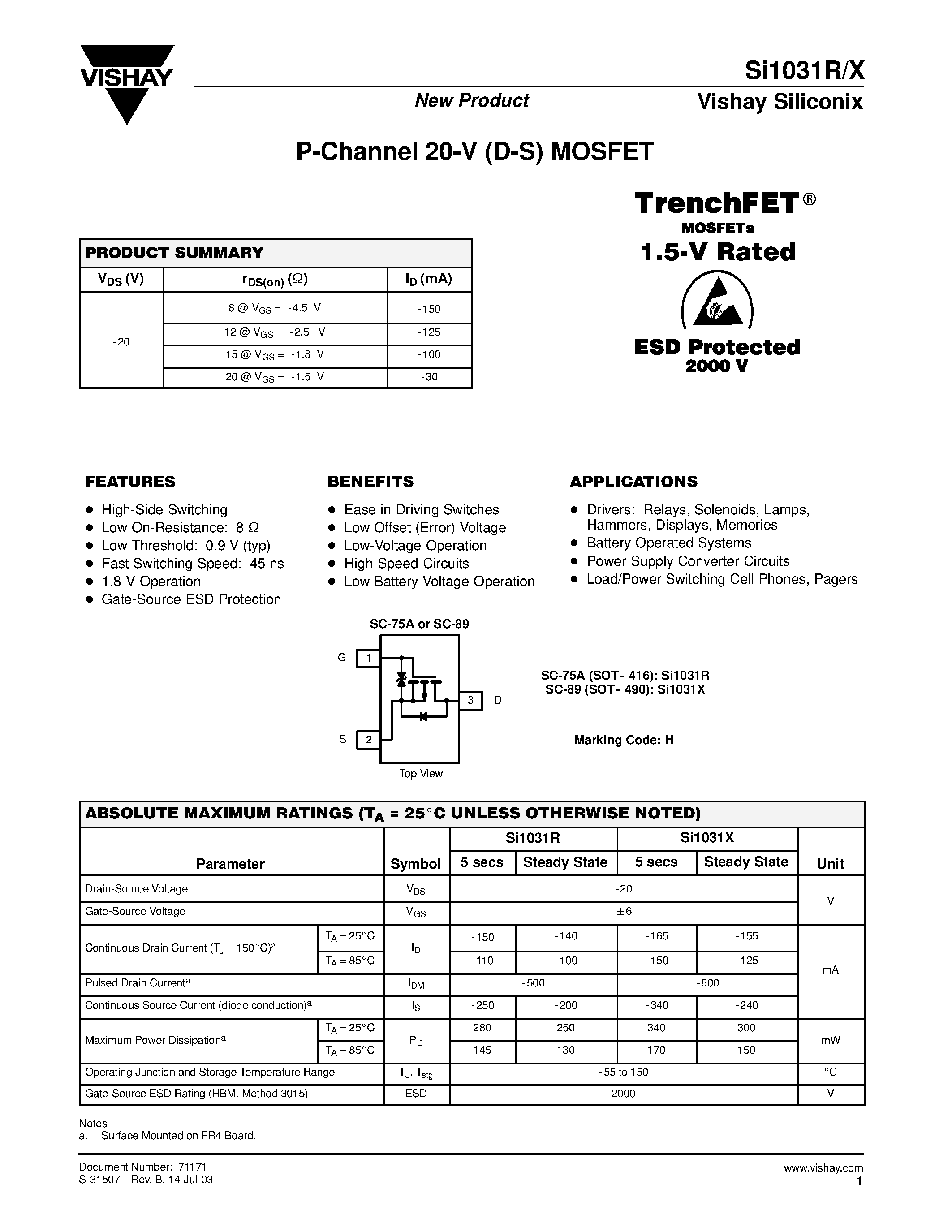 Datasheet SI1031R - P-Channel 20-V (D-S) MOSFET page 1