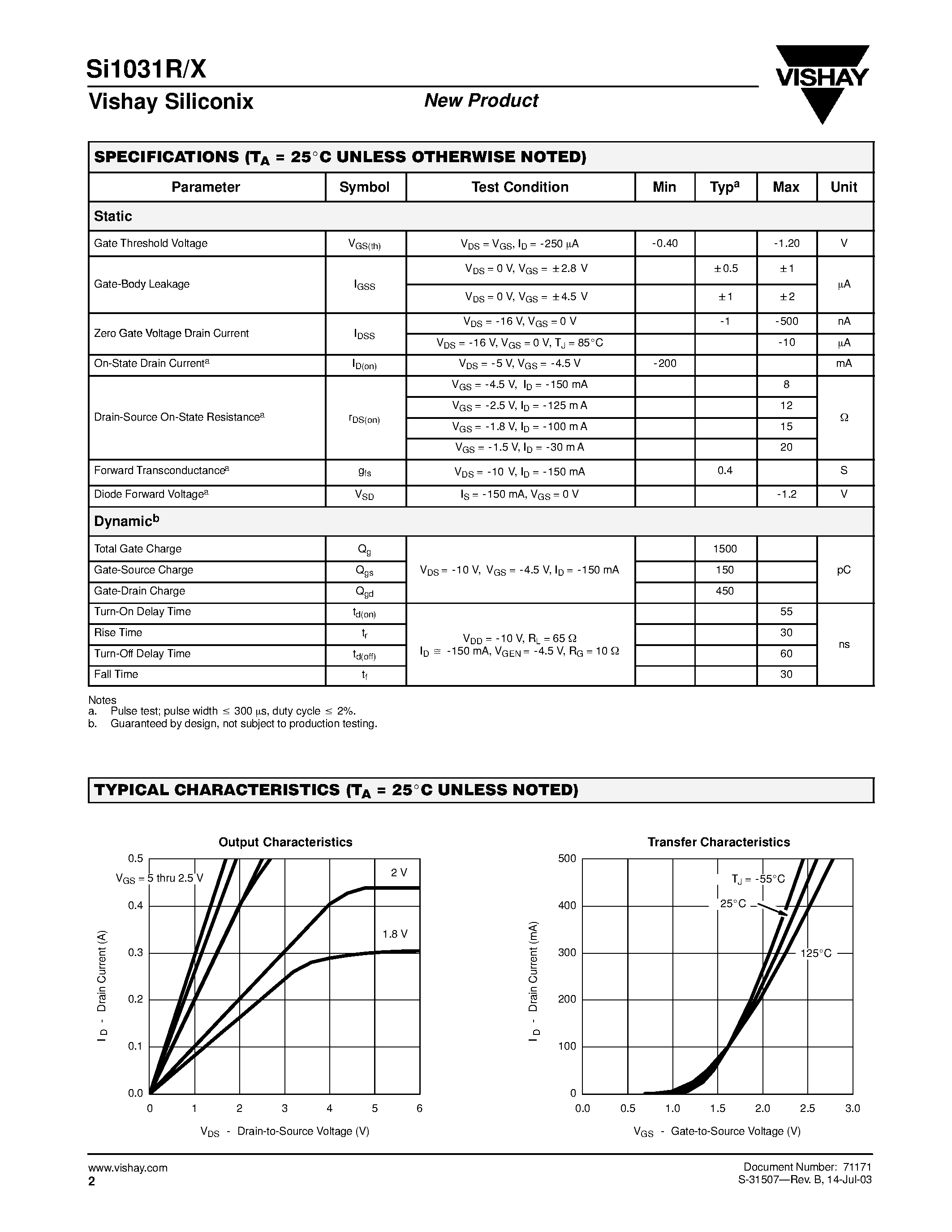 Datasheet Si1031X - P-Channel 20-V (D-S) MOSFET page 2