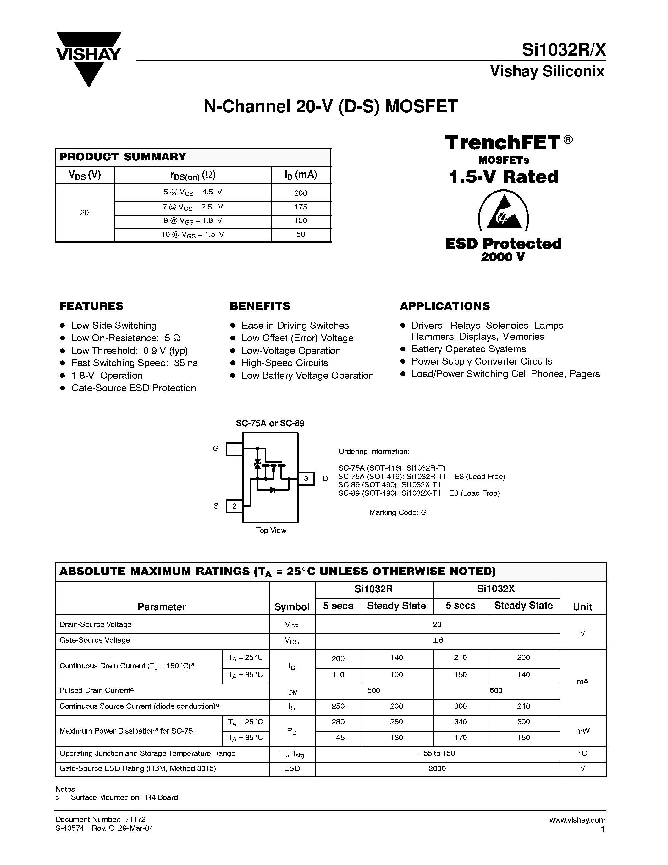 Даташит SI1032X-T1 - N-Channel 20-V (D-S) MOSFET страница 1