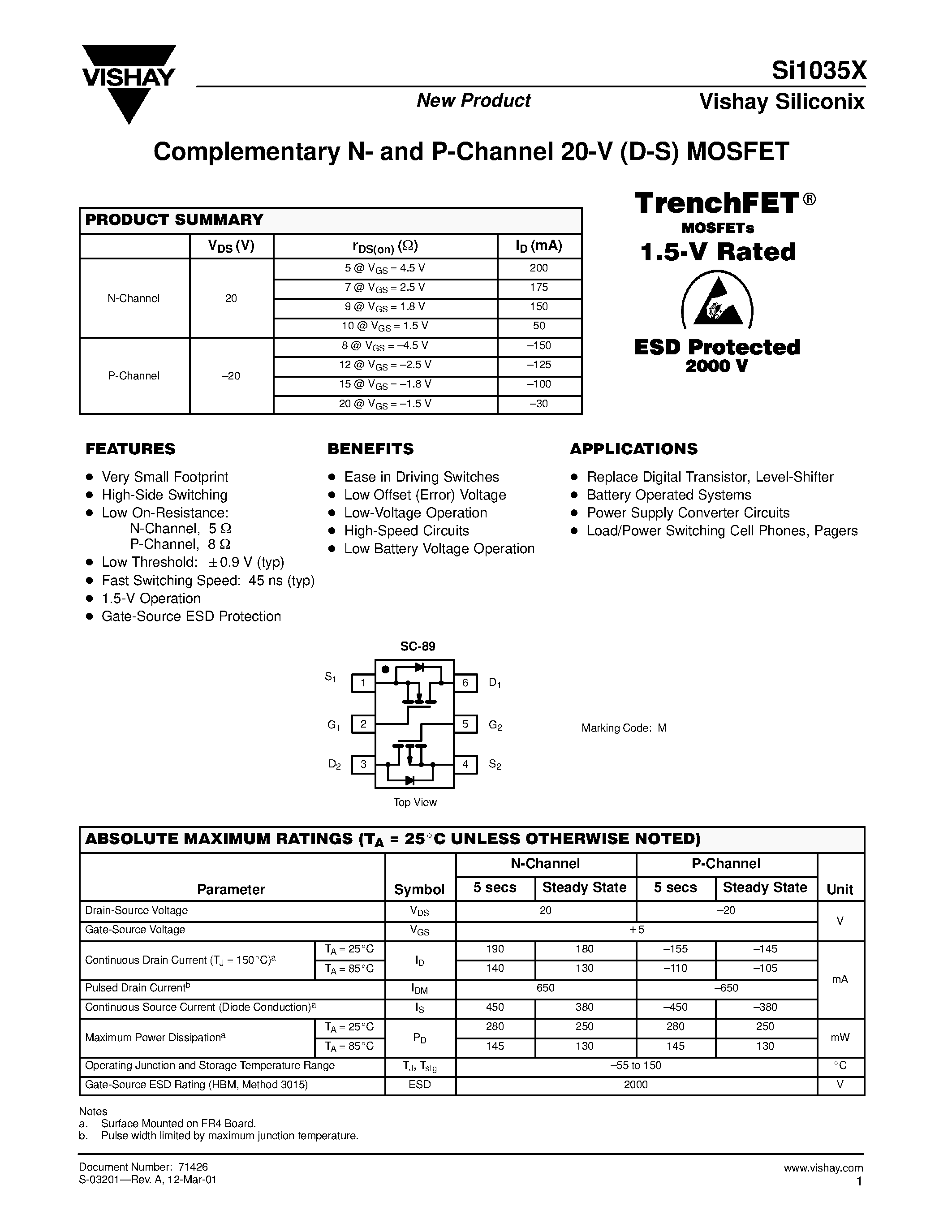 Даташит SI1035X - Complementary N- and P-Channel 20-V (D-S) MOSFET страница 1