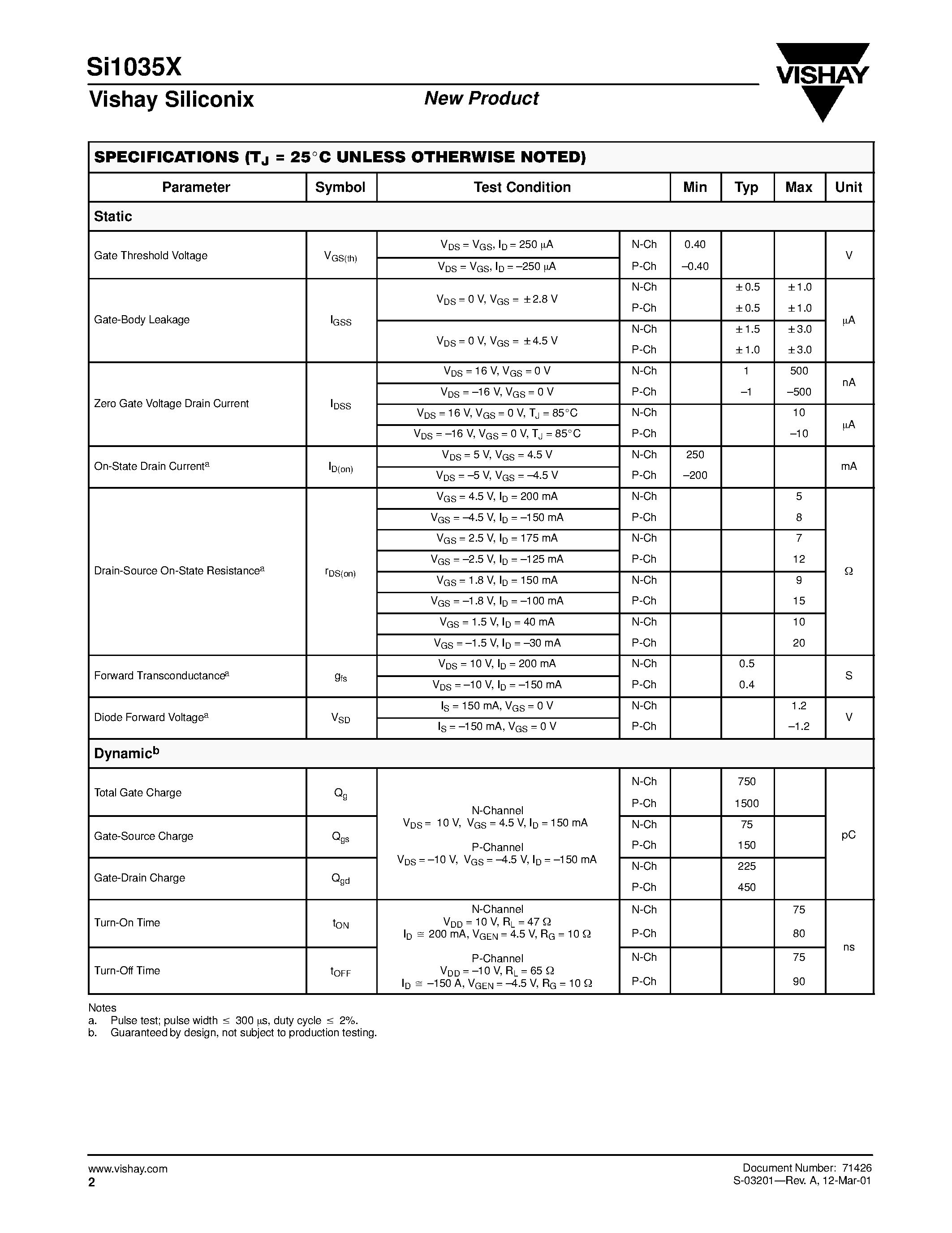 Datasheet SI1035X - Complementary N- and P-Channel 20-V (D-S) MOSFET page 2