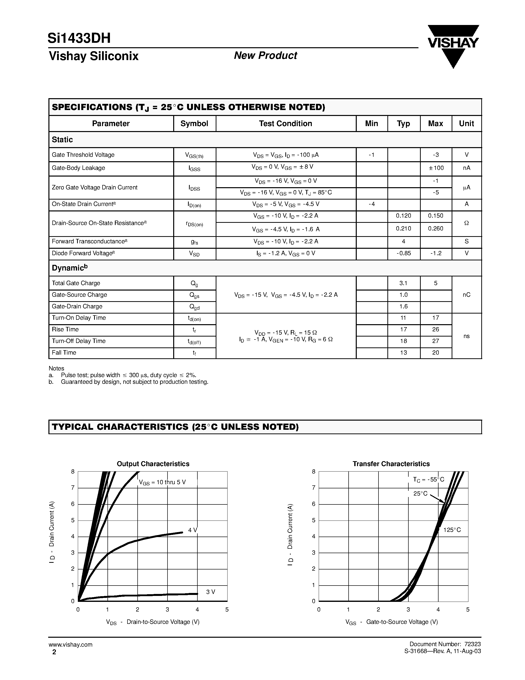 Datasheet SI1433DH-T1 - P-Channel 30-V (D-S) MOSFET page 2
