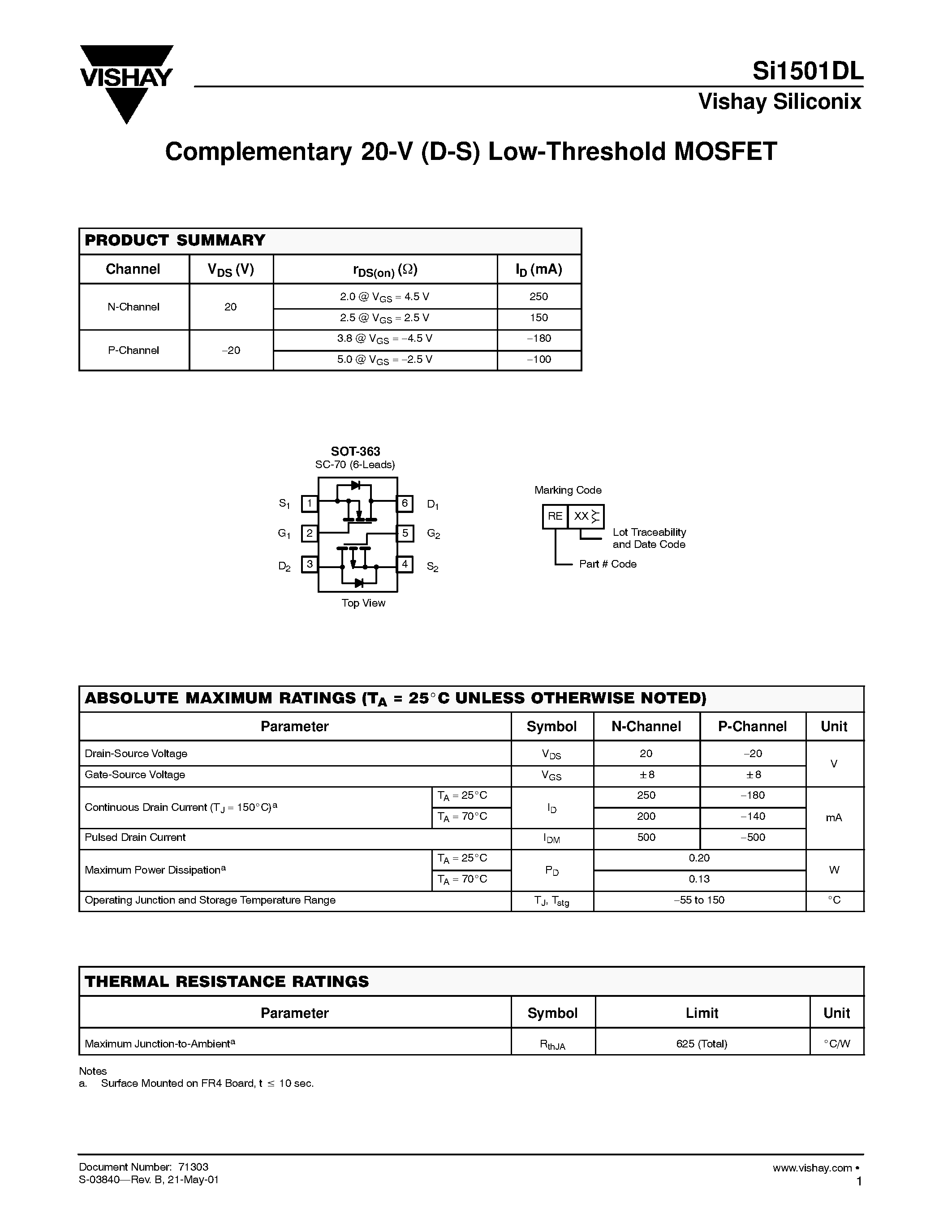 Datasheet SI1501DL - Complementary 20-V (D-S) Low-Threshold MOSFET page 1