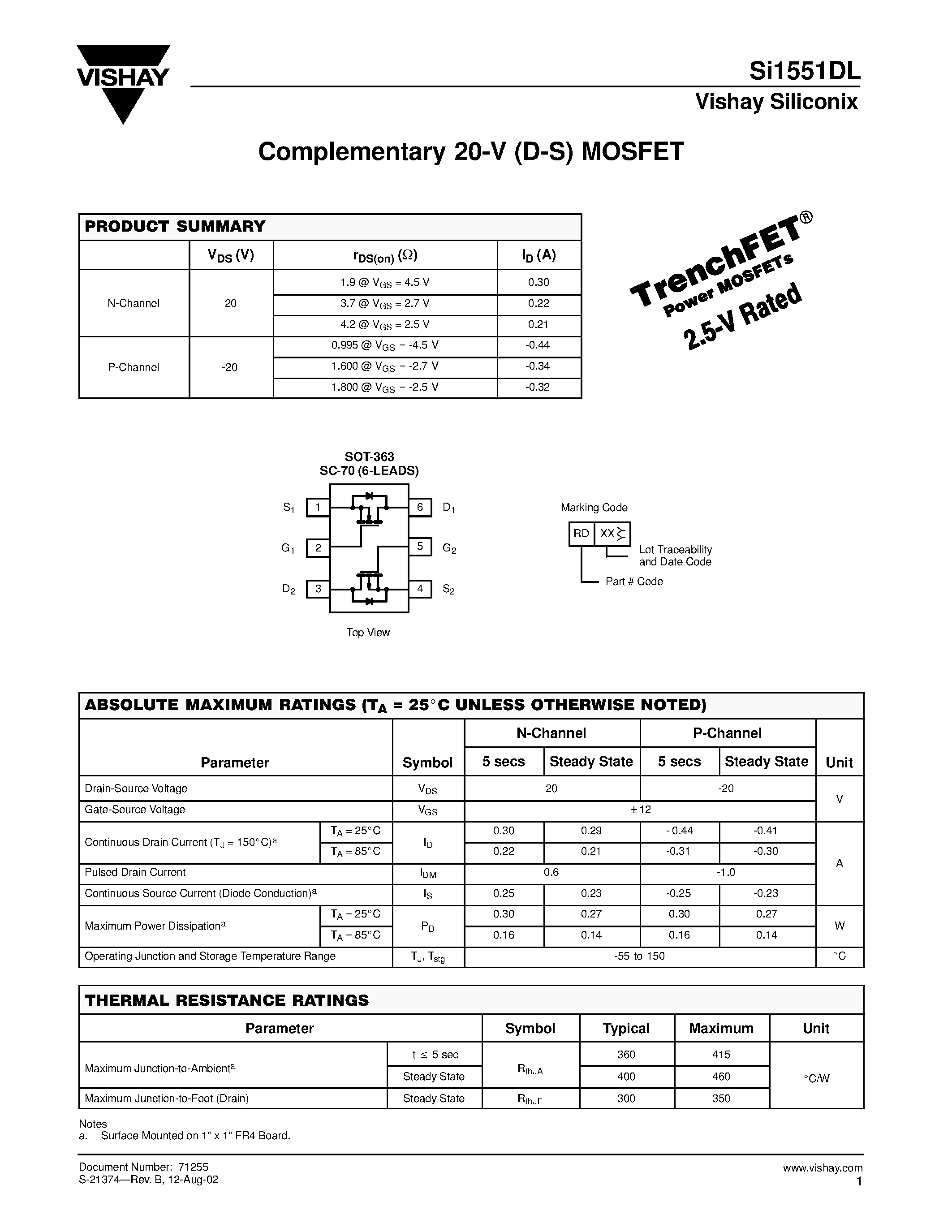 Datasheet SI1551DL - Complementary 20-V (D-S) MOSFET page 1
