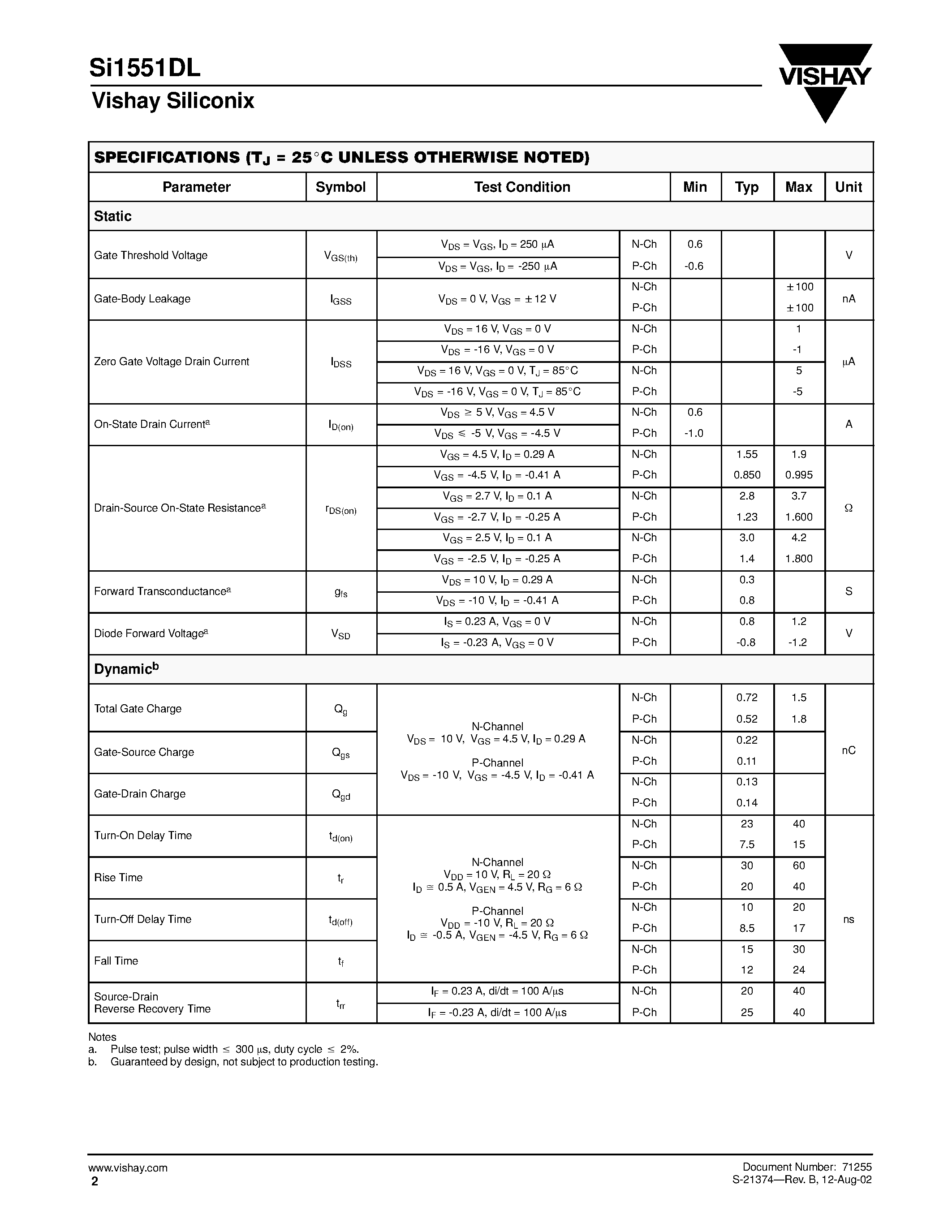 Datasheet SI1551DL - Complementary 20-V (D-S) MOSFET page 2
