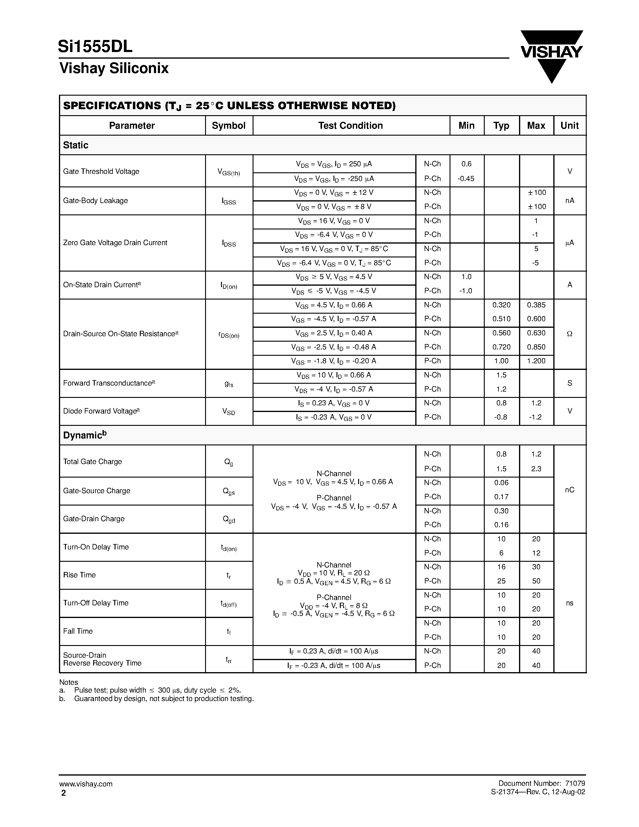 Datasheet SI1555DL - Complementary Low-Threshold MOSFET Pair page 2