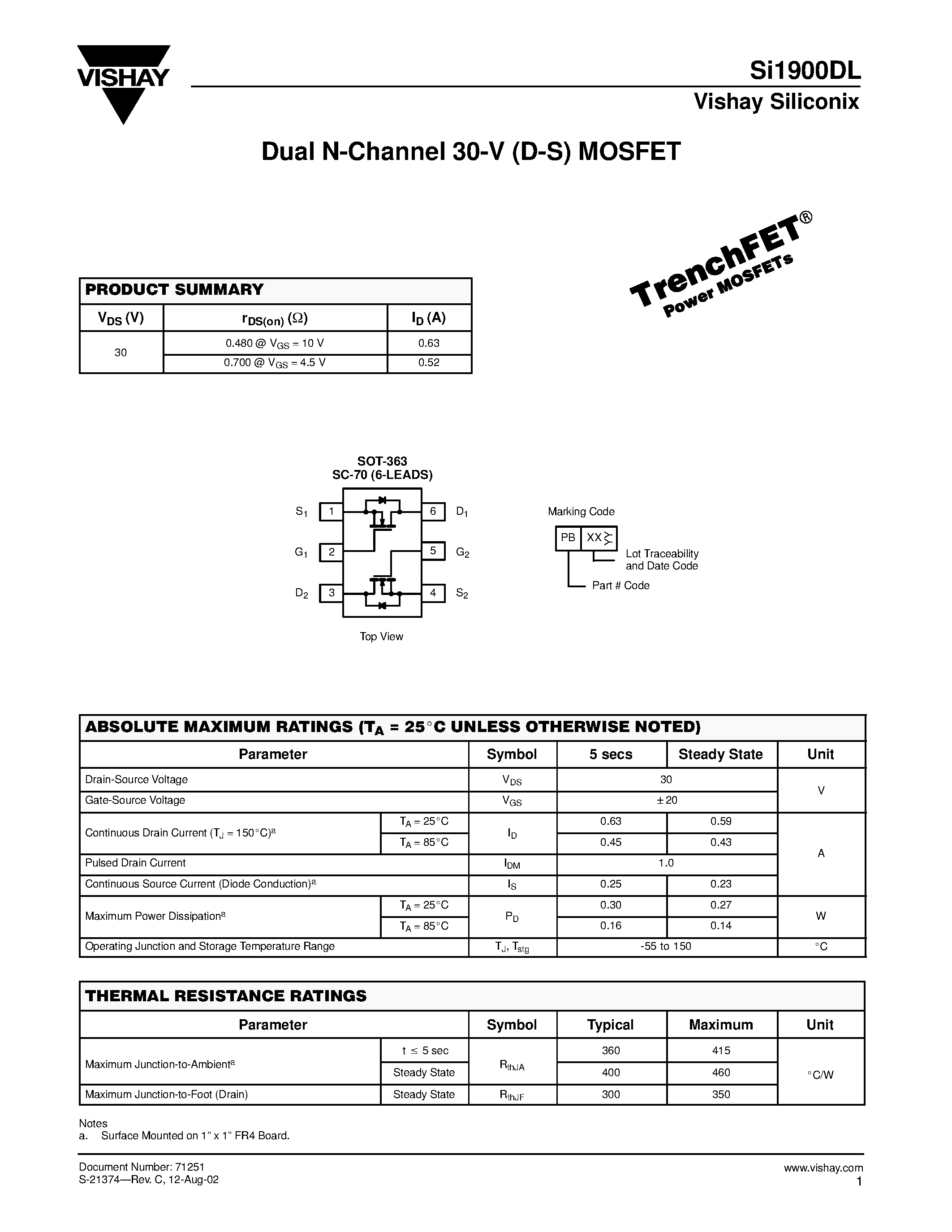 Datasheet SI1900DL - Dual N-Channel 30-V (D-S) MOSFET page 1