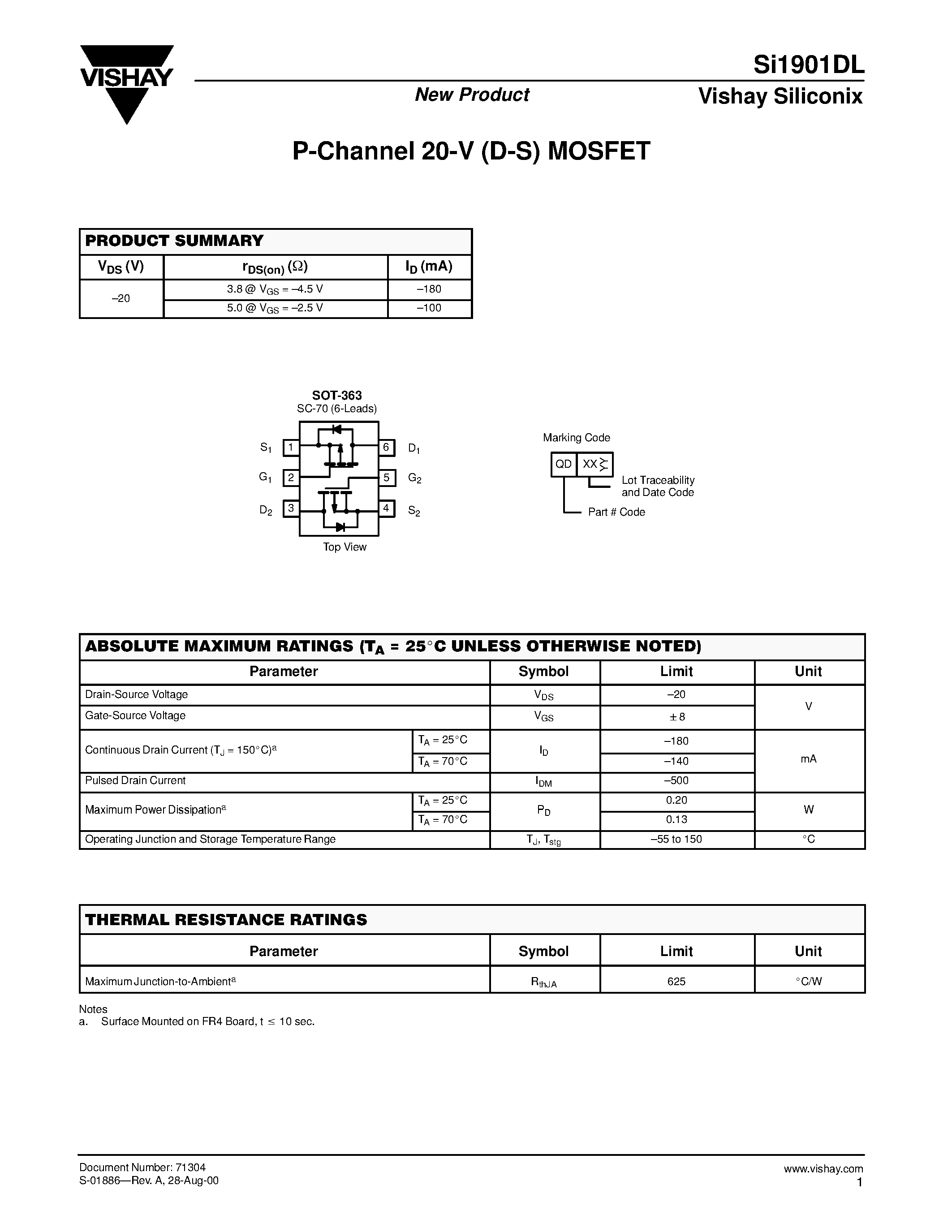 Даташит SI1901DL - P-Channel 20-V (D-S) MOSFET страница 1
