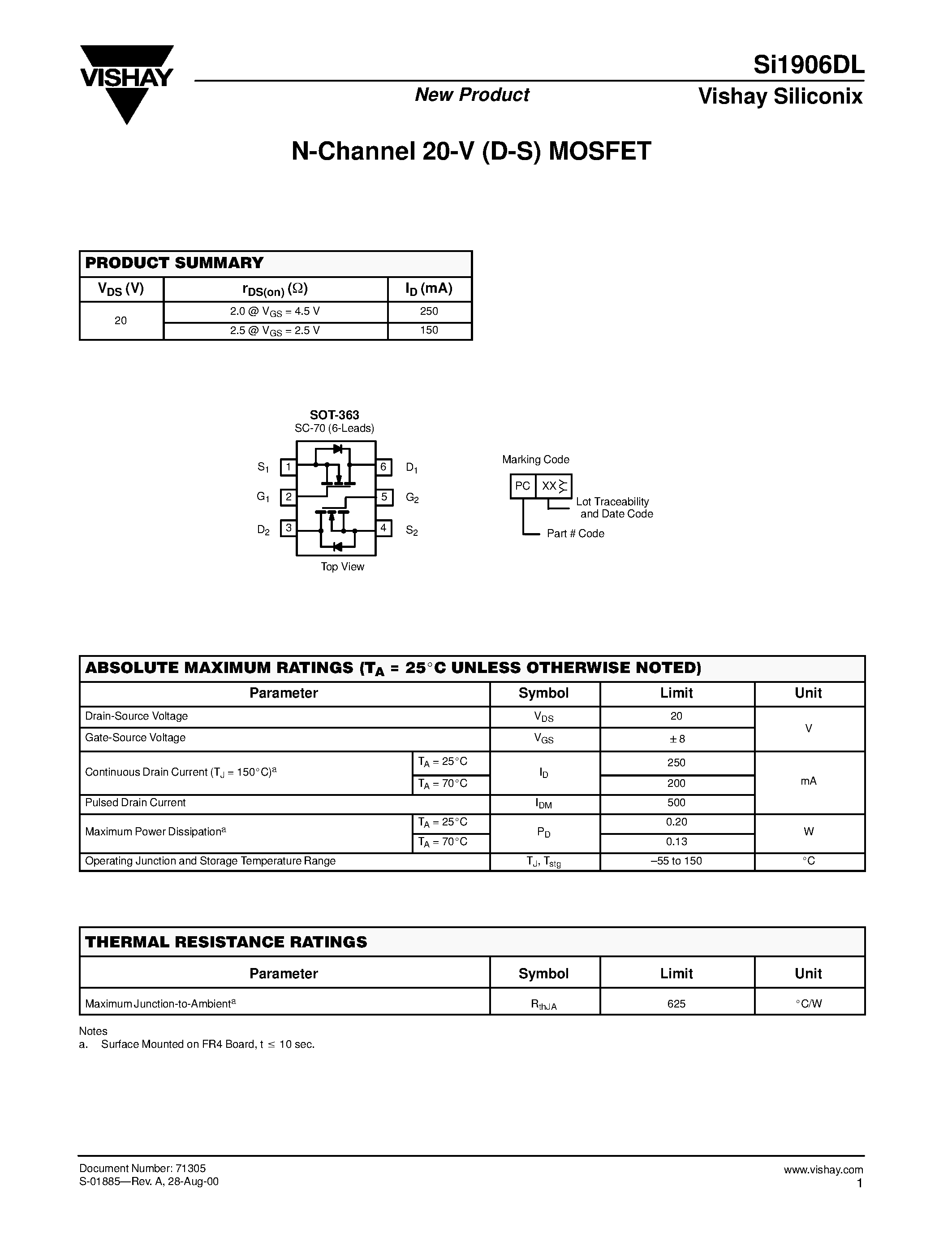 Datasheet SI1906DL - N-Channel 20-V (D-S) MOSFET page 1