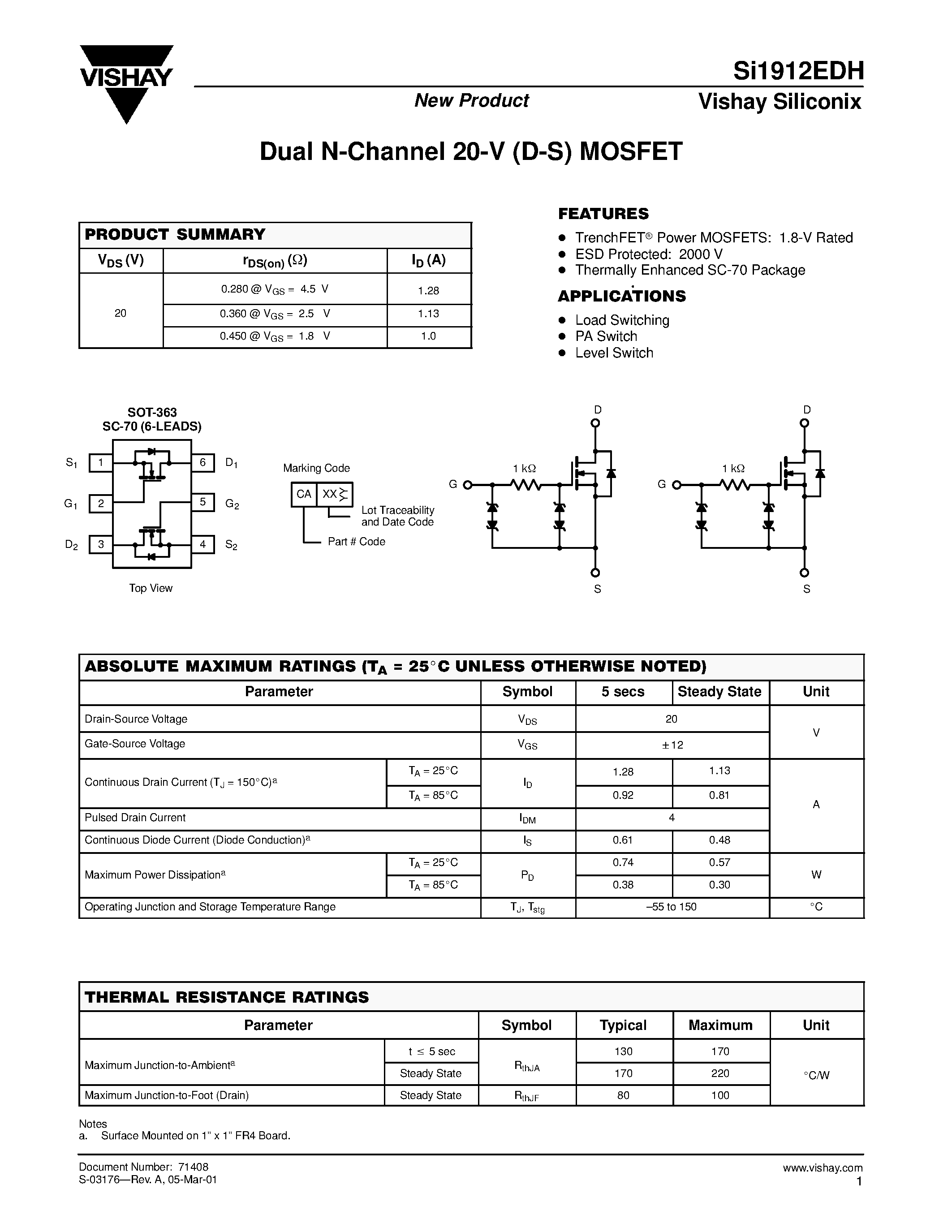 Datasheet SI1912EDH - Dual N-Channel 20-V (D-S) MOSFET page 1