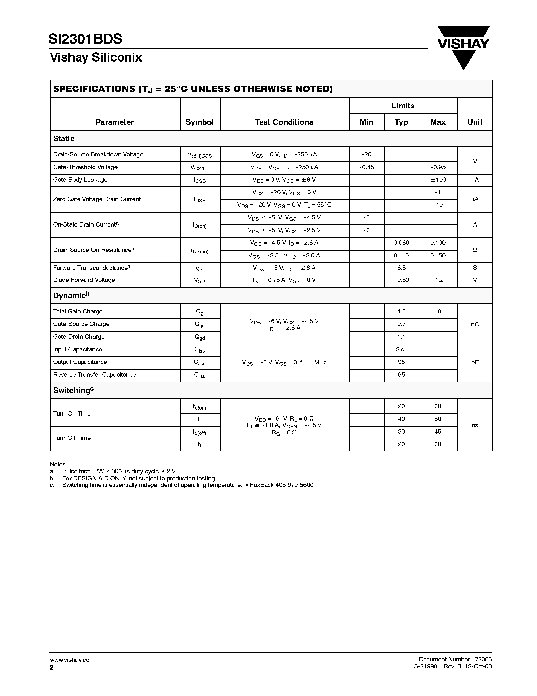 Datasheet Si2301BDS-T1 - P-Channel 2.5-V (G-S) MOSFET page 2