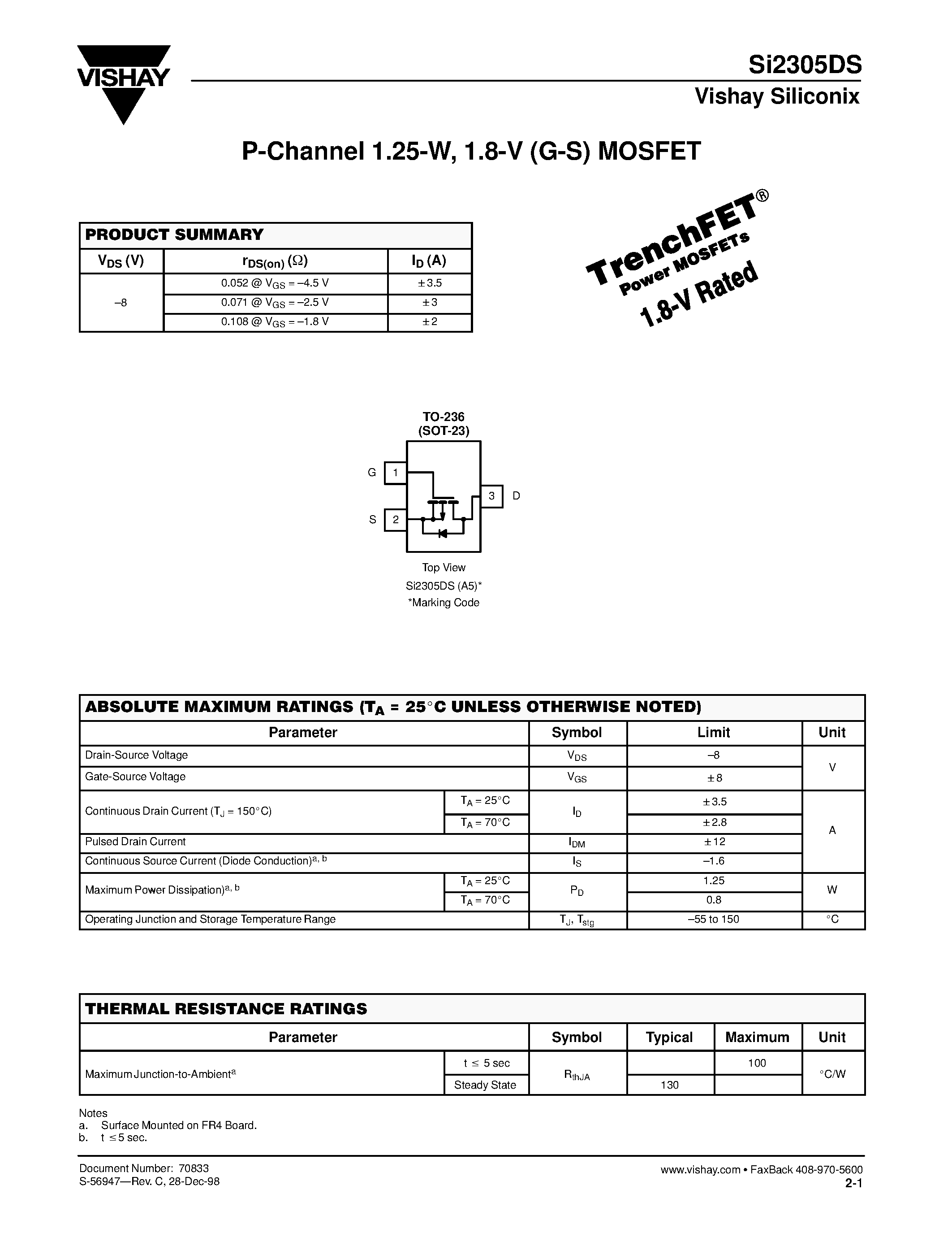 Datasheet SI2305DS - P-Channel 1.25-W/ 1.8-V (G-S) MOSFET page 1