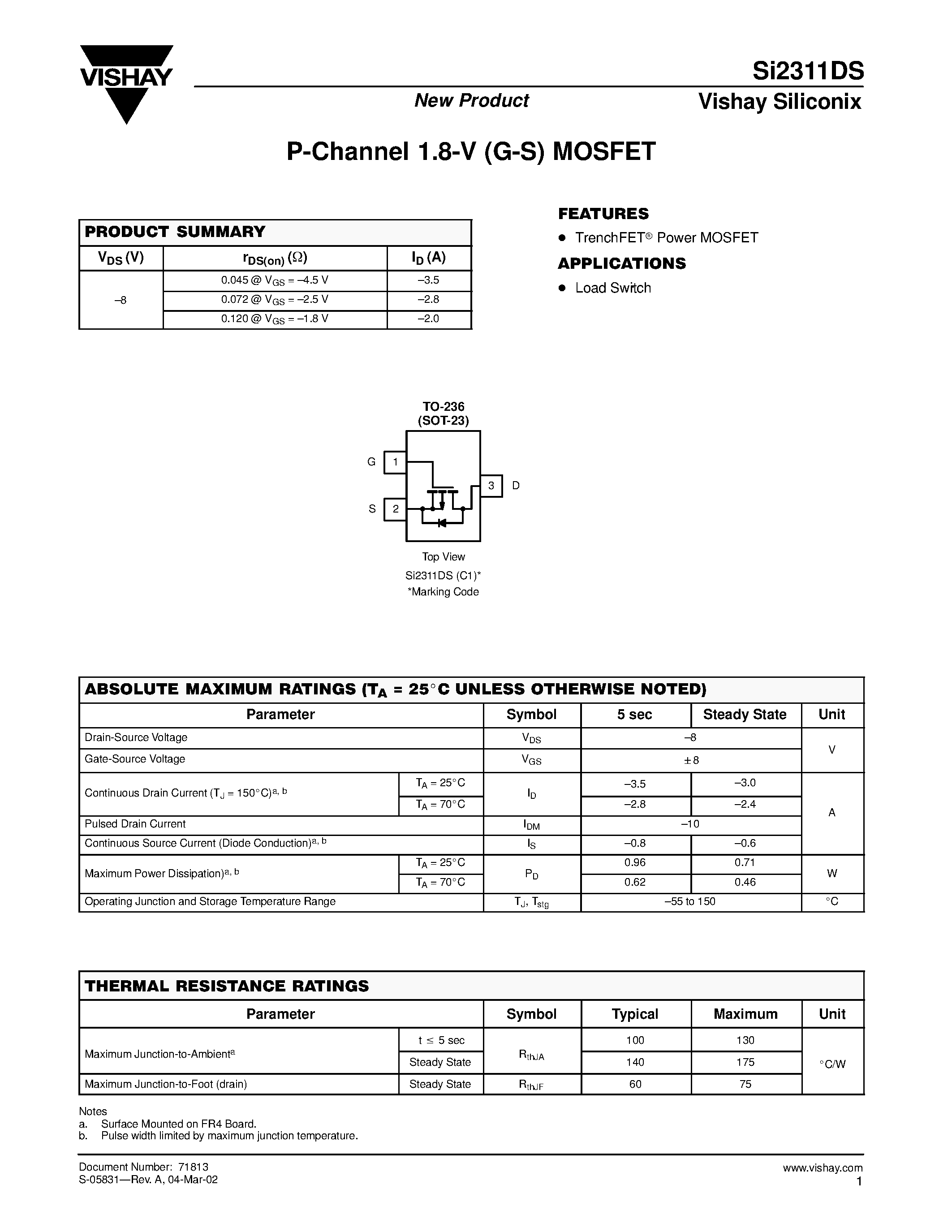 Datasheet SI2311DS - P-Channel 1.8-V (G-S) MOSFET page 1