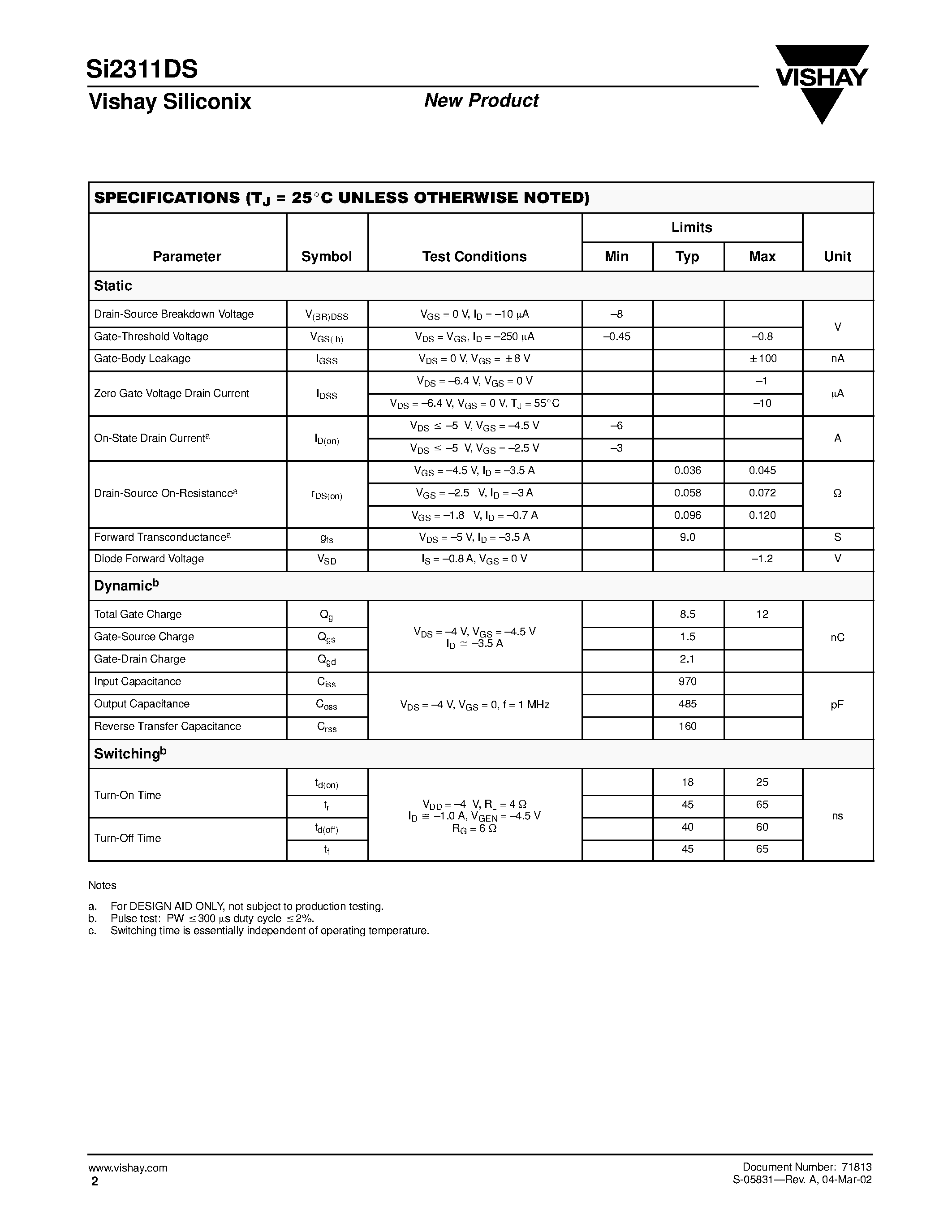 Datasheet SI2311DS - P-Channel 1.8-V (G-S) MOSFET page 2