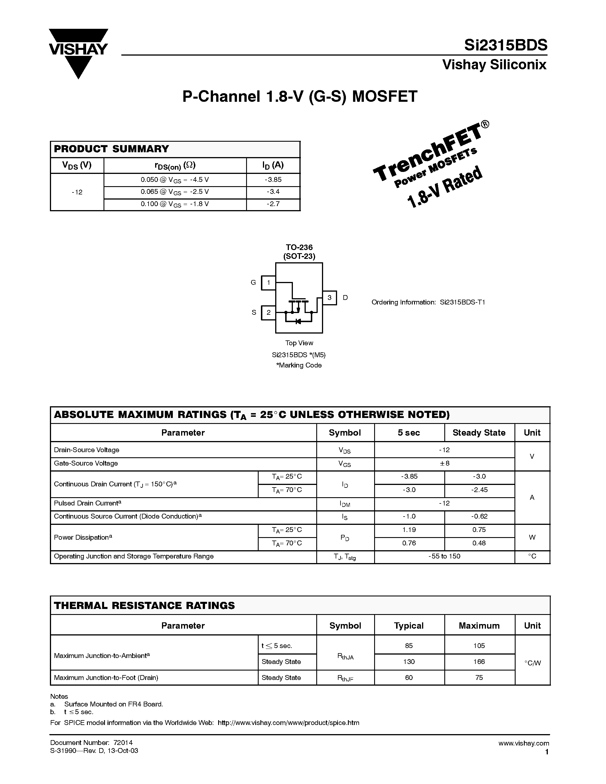 Datasheet SI2315BDS - P-Channel 1.8-V (G-S) MOSFET page 1