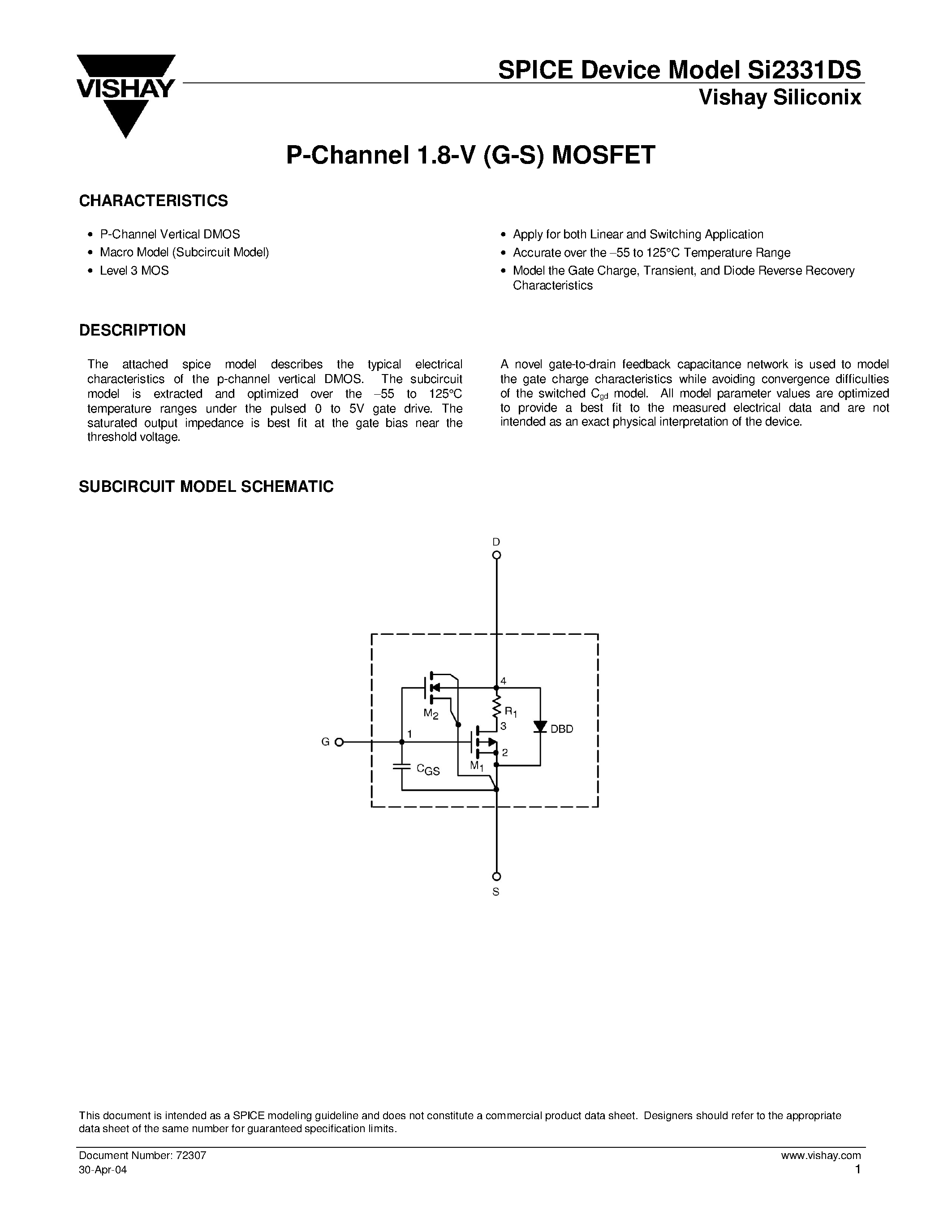Datasheet SI2331DS - P-Channel 1.8-V (G-S) MOSFET page 1