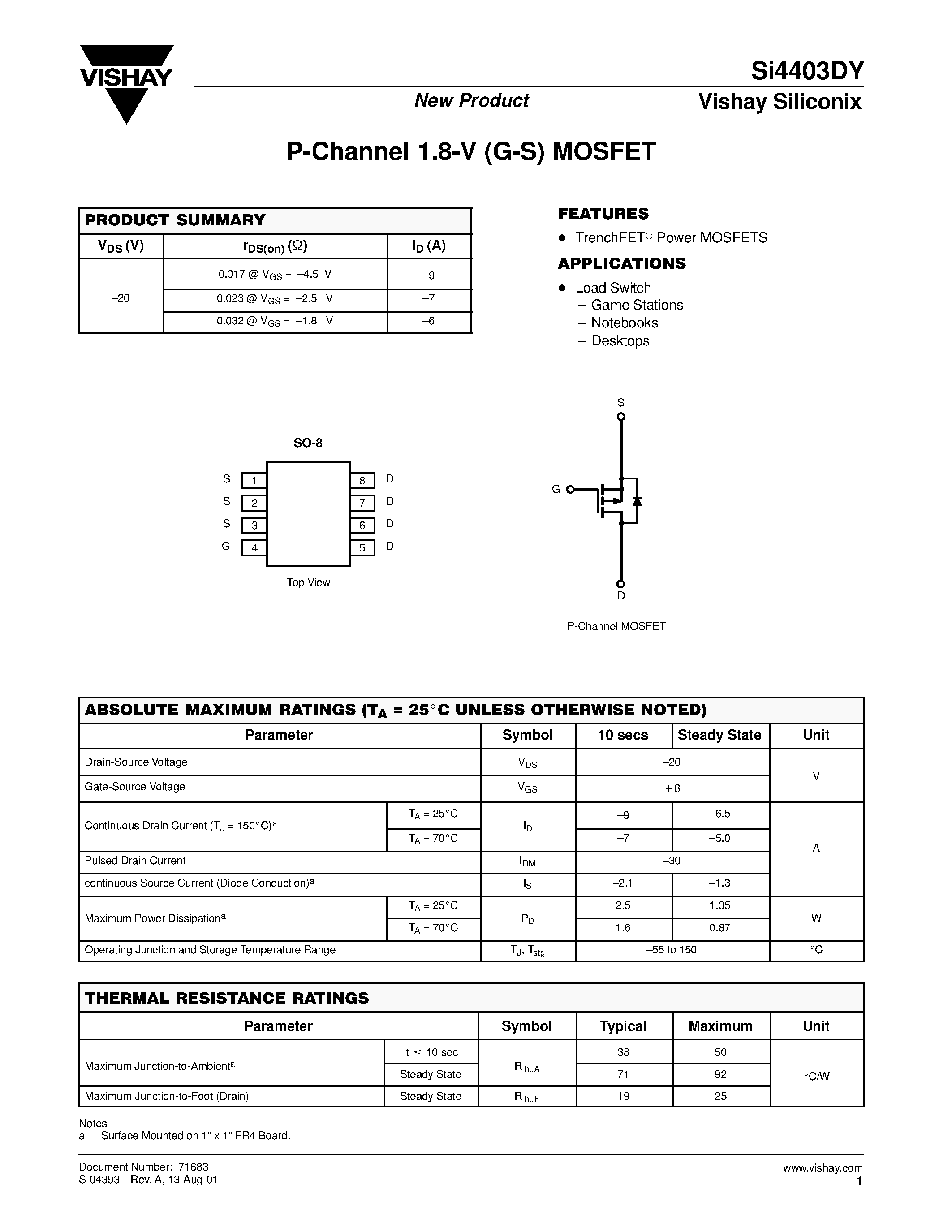 Datasheet SI4403DY - P-Channel 1.8-V (G-S) MOSFET page 1