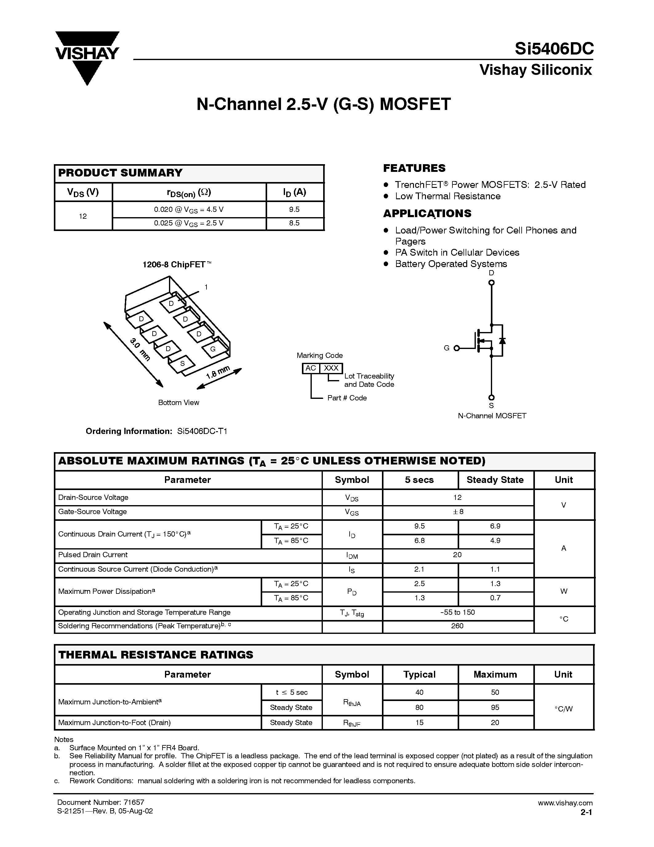 Datasheet SI5406DC - N-Channel 2.5-V (G-S) MOSFET page 1