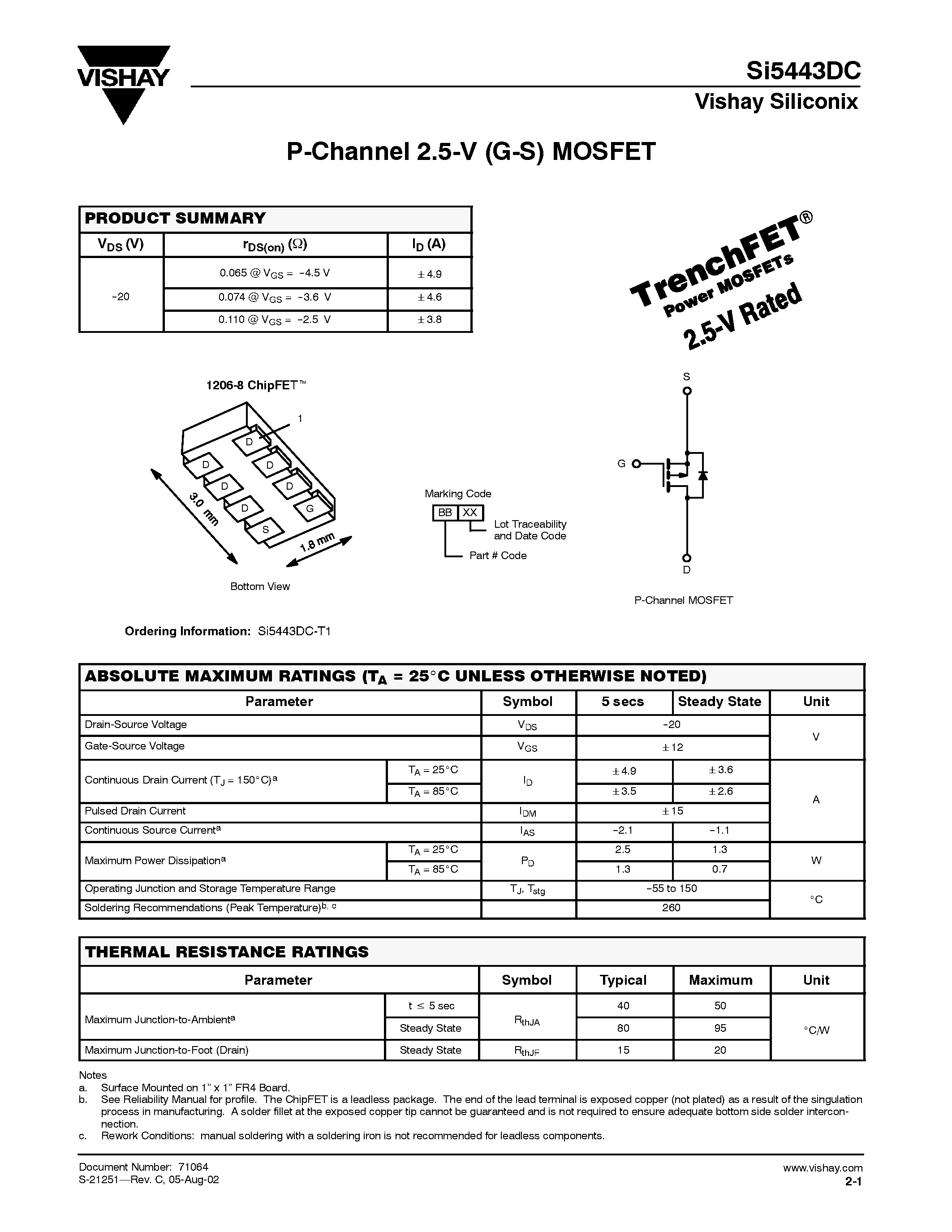 Datasheet SI5443DC - P-Channel 2.5-V (G-S) MOSFET page 1