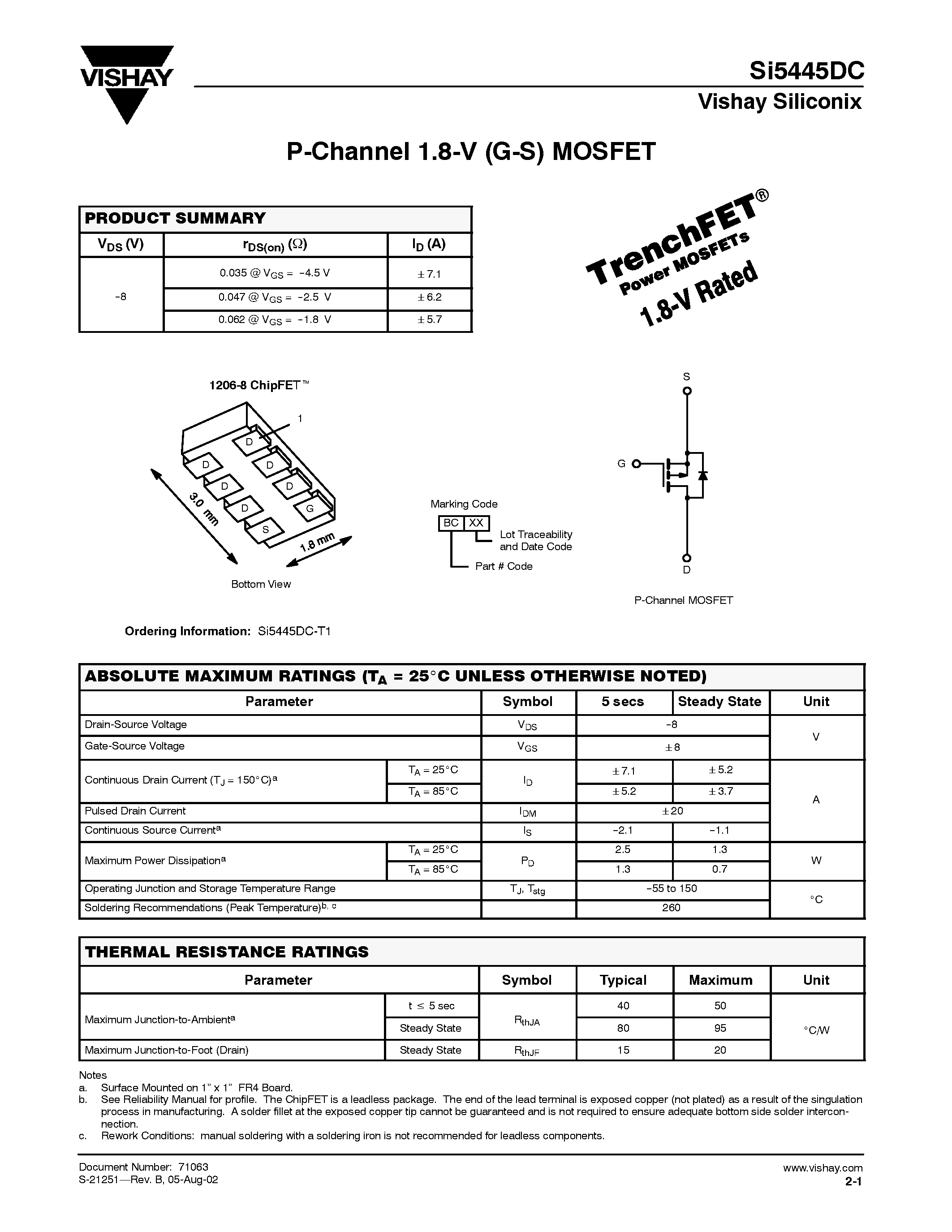 Datasheet SI5445DC - P-Channel 1.8-V (G-S) MOSFET page 1