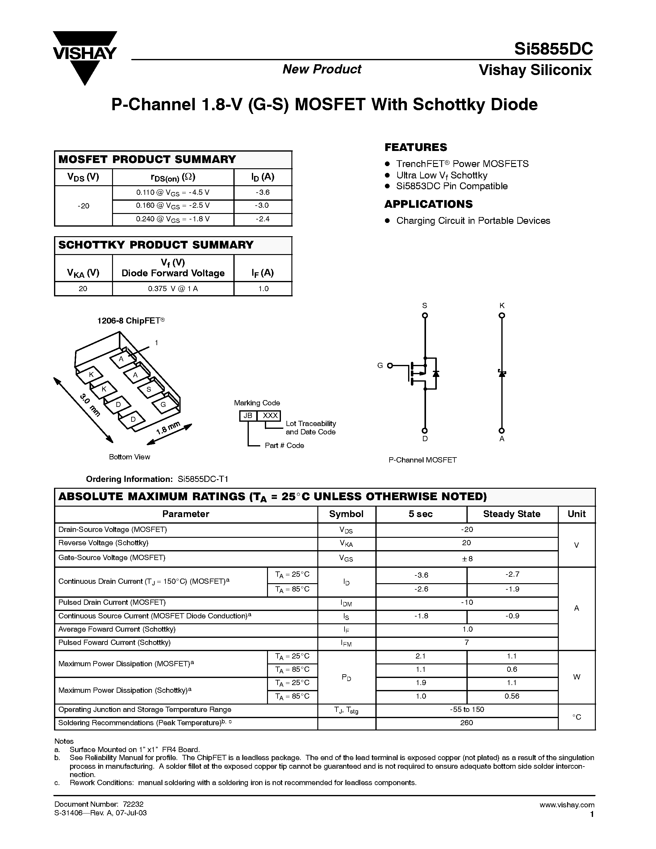 Даташит SI5855DC - P-Channel 1.8-V (G-S) MOSFET With Schottky Diode страница 1