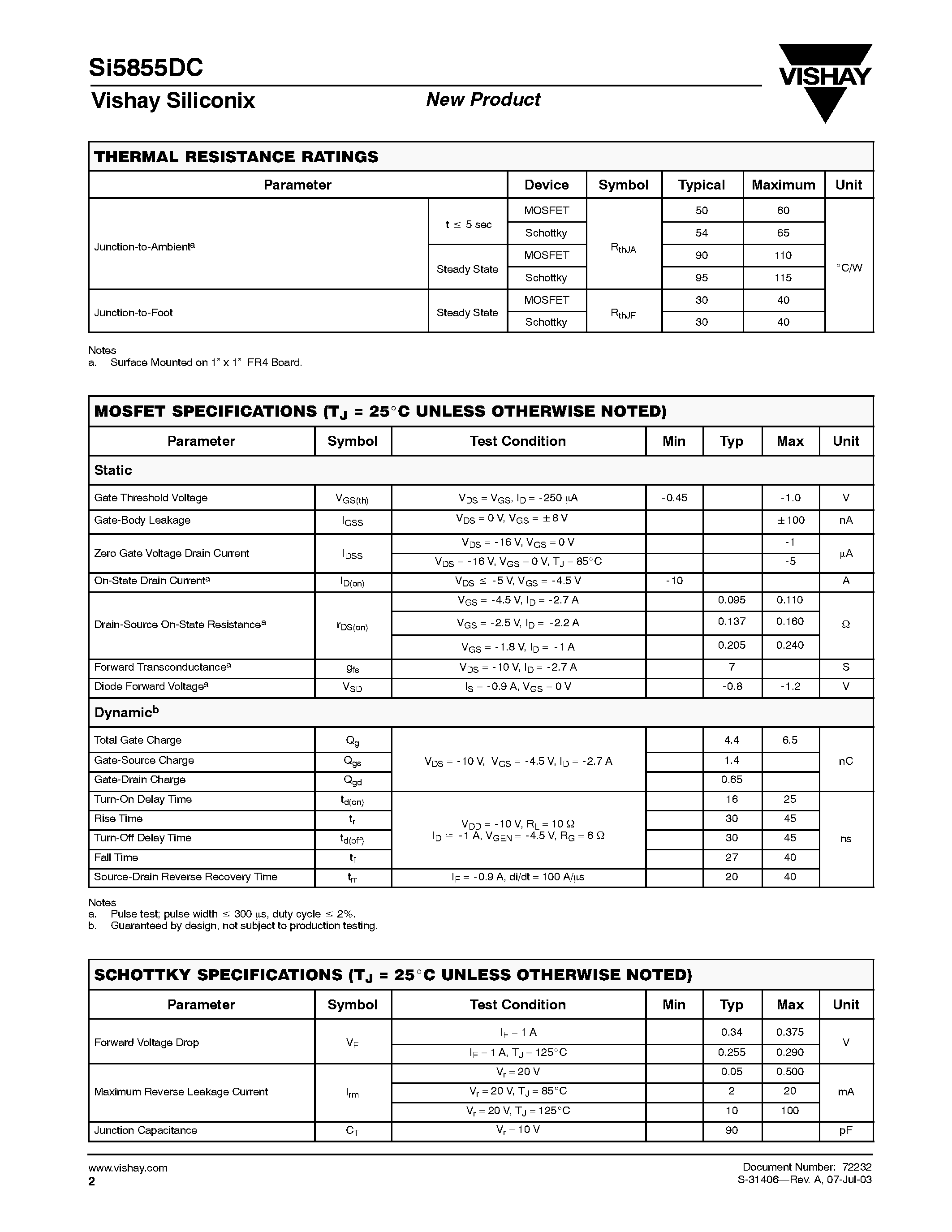 Datasheet SI5855DC-T1 - P-Channel 1.8-V (G-S) MOSFET With Schottky Diode page 2