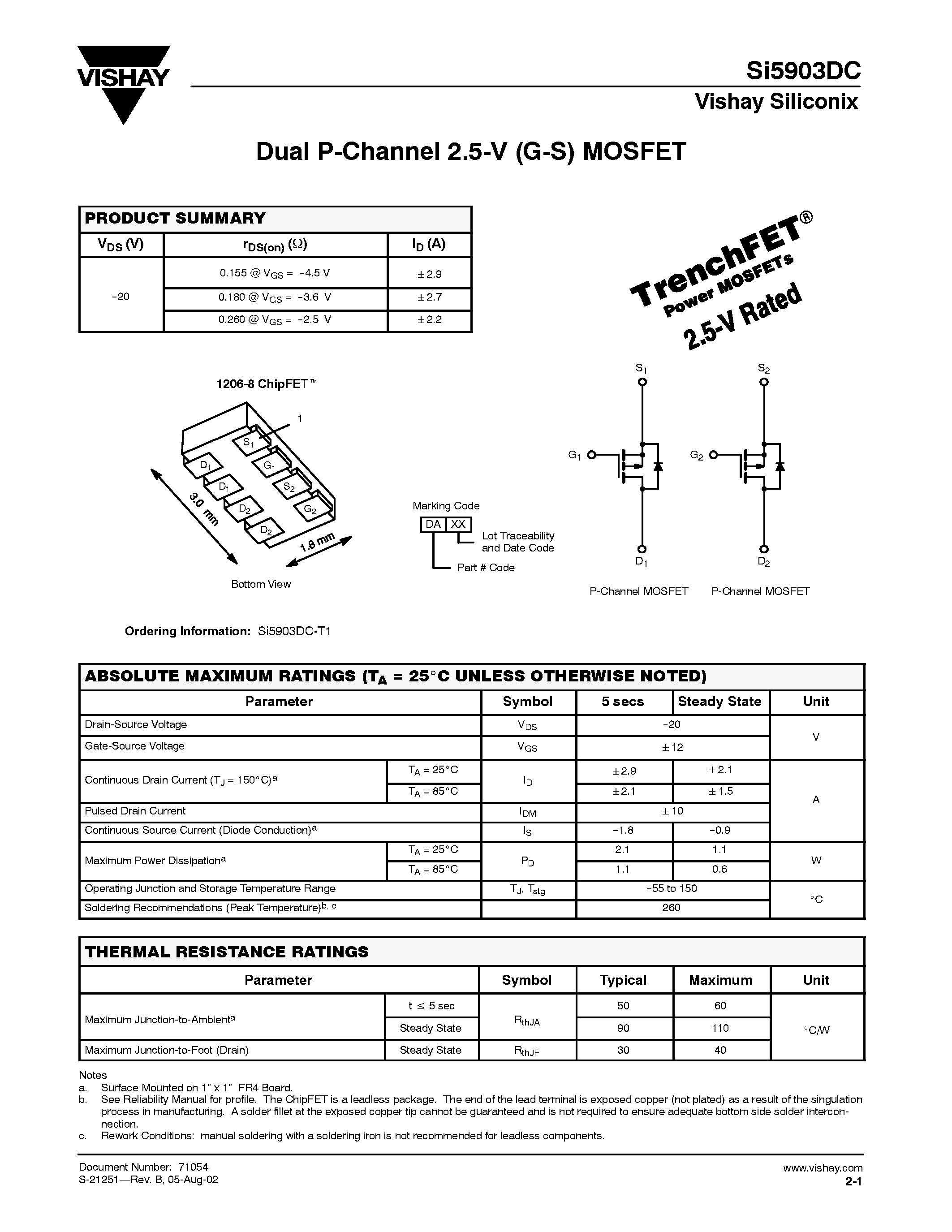 Даташит SI5903DC-T1 - Dual P-Channel 2.5-V (G-S) MOSFET страница 1