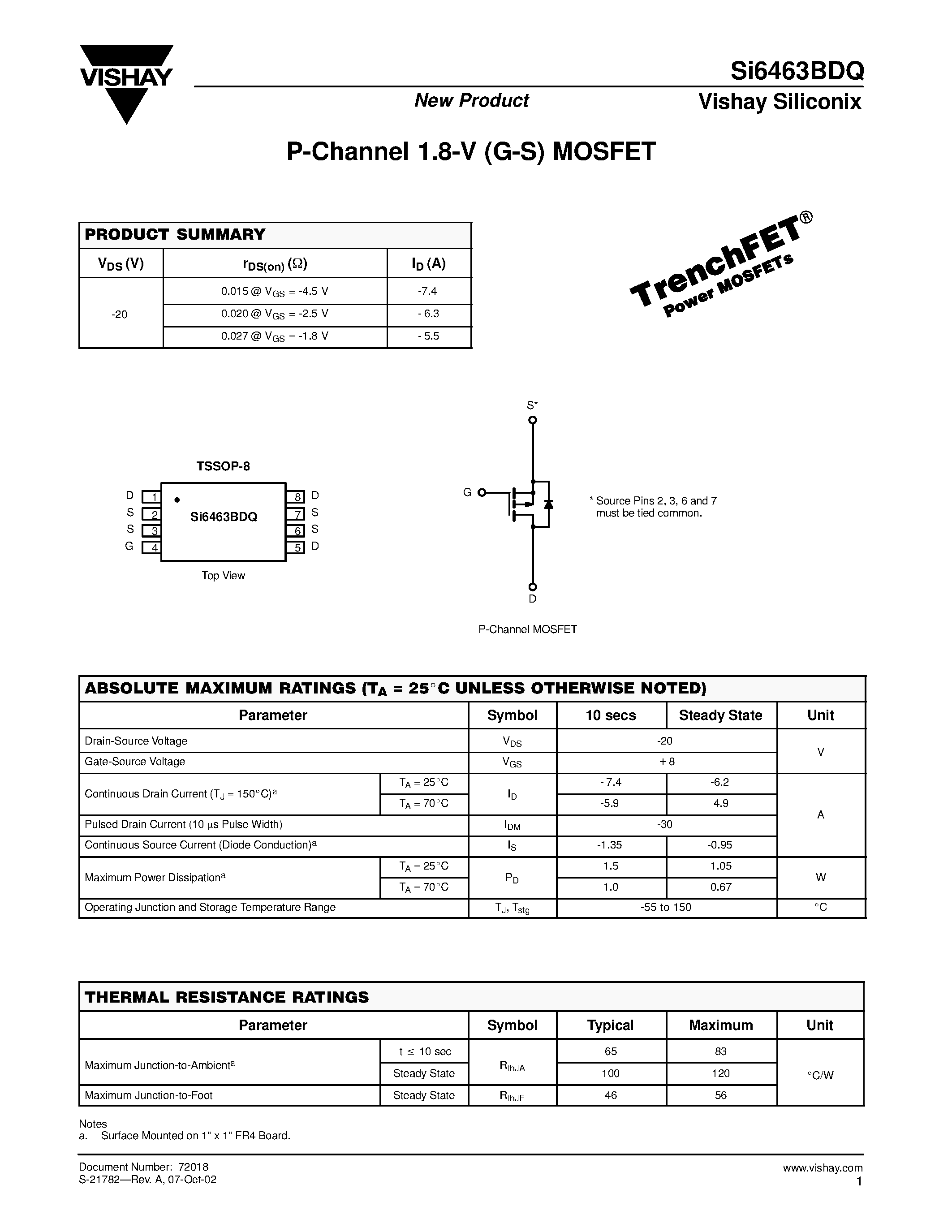 Datasheet SI6463BDQ - P-Channel 1.8-V (G-S) MOSFET page 1