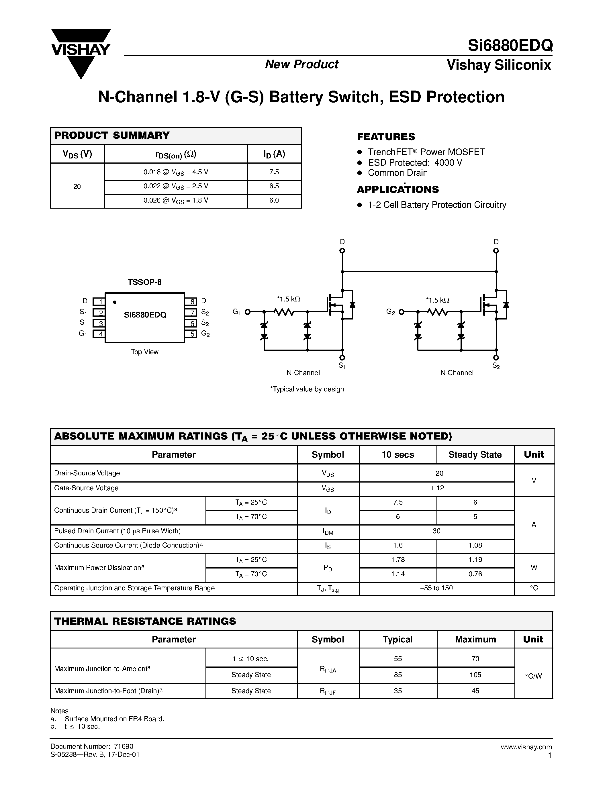 Даташит SI6880EDQ - N-Channel 1.8-V (G-S) Battery Switch/ ESD Protection страница 1