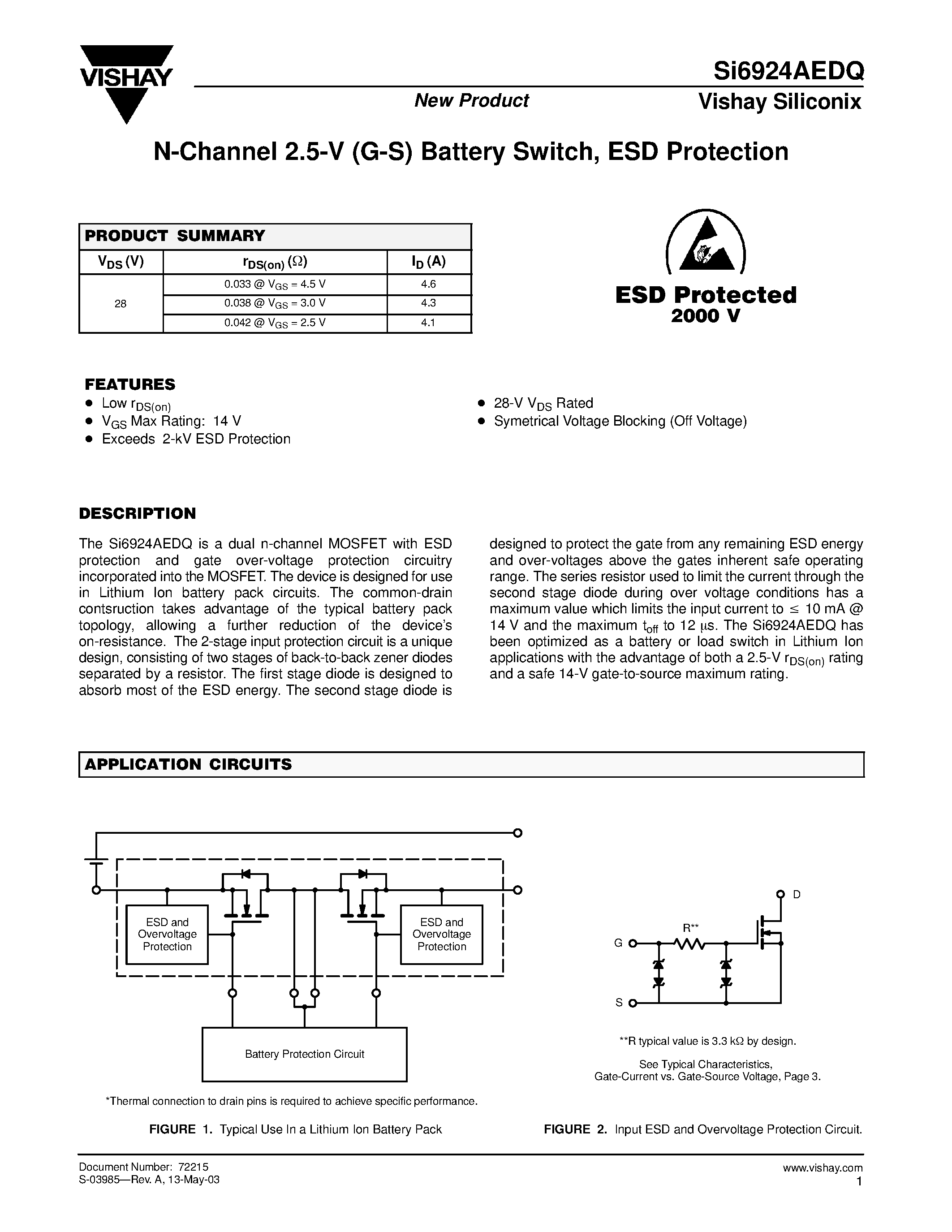 Datasheet SI6924AEDQ - N-Channel 2.5-V (G-S) Battery Switch/ ESD Protection page 1