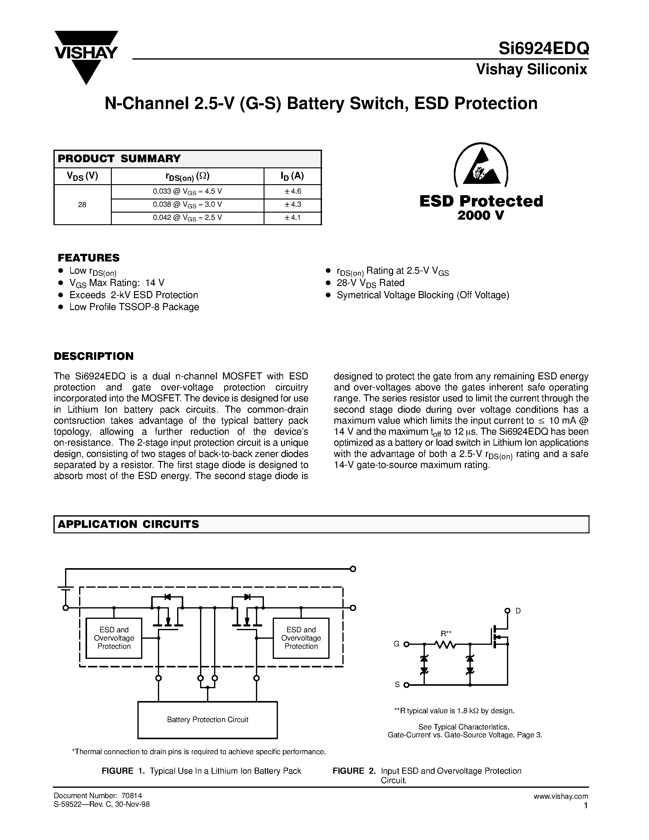 Даташит SI6924EDQ - N-Channel 2.5-V (G-S) Battery Switch/ ESD Protection страница 1