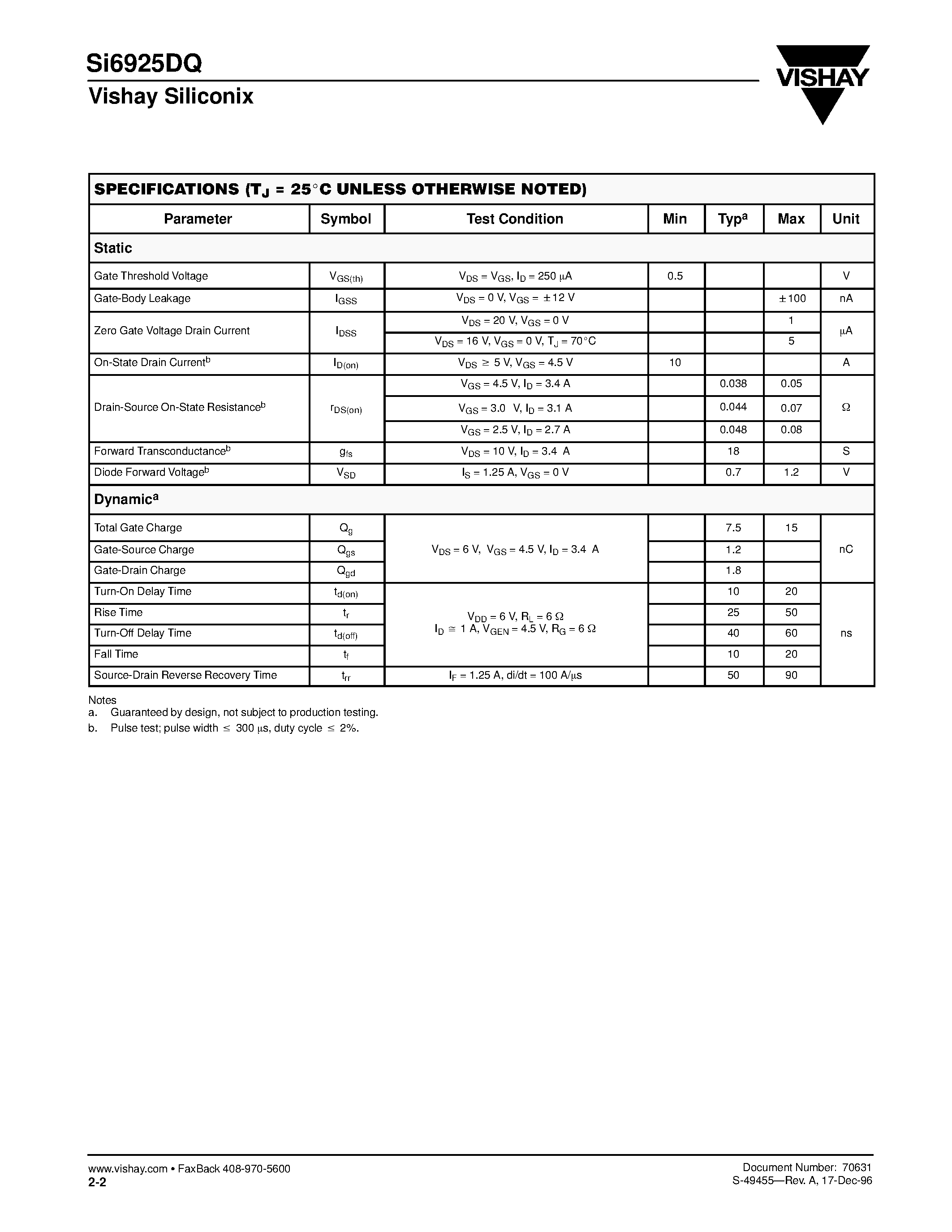 Datasheet SI6925DQ - Dual N-Channel 2.5-V (G-S) MOSFET page 2