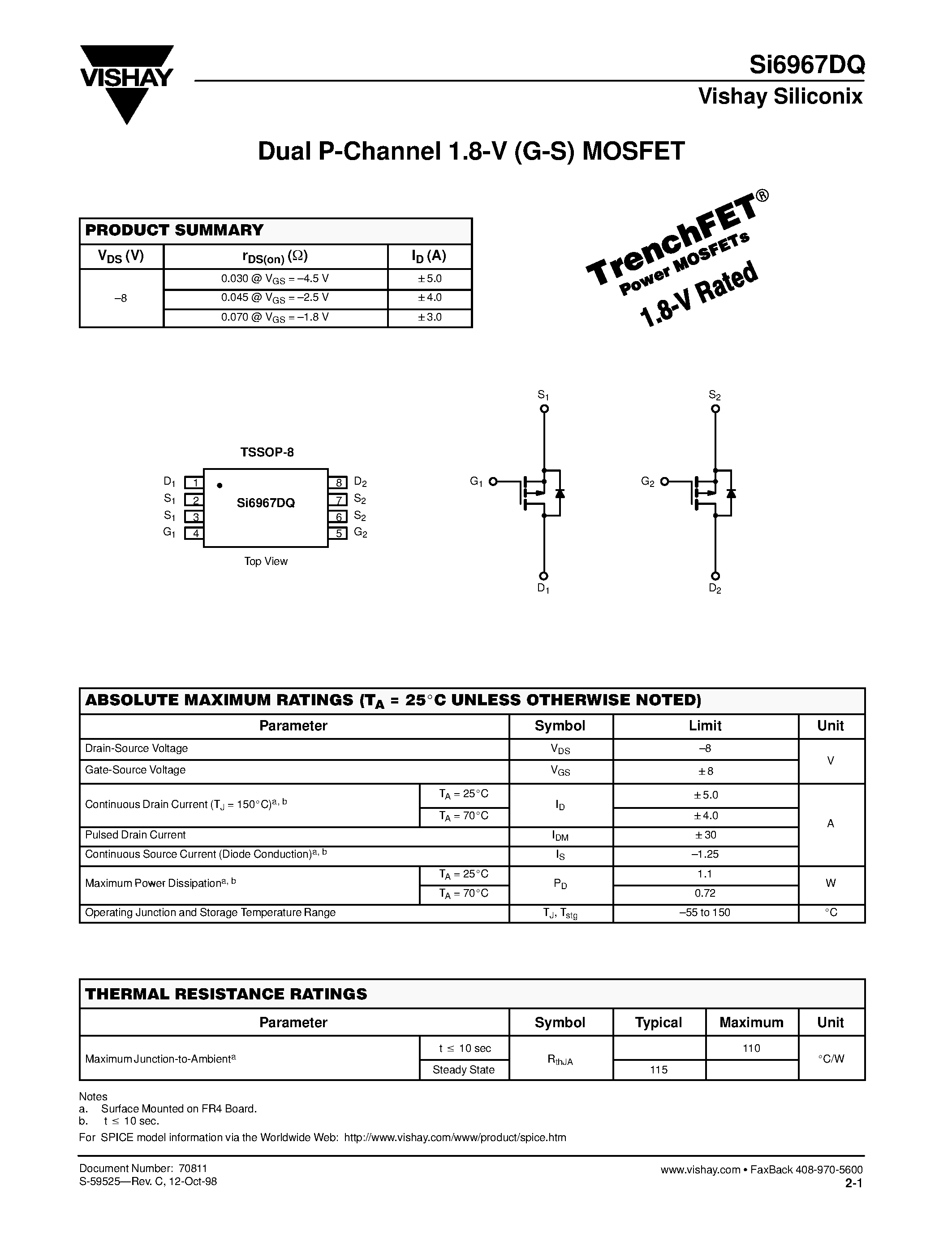 Datasheet SI6967DQ - Dual P-Channel 1.8-V (G-S) MOSFET page 1