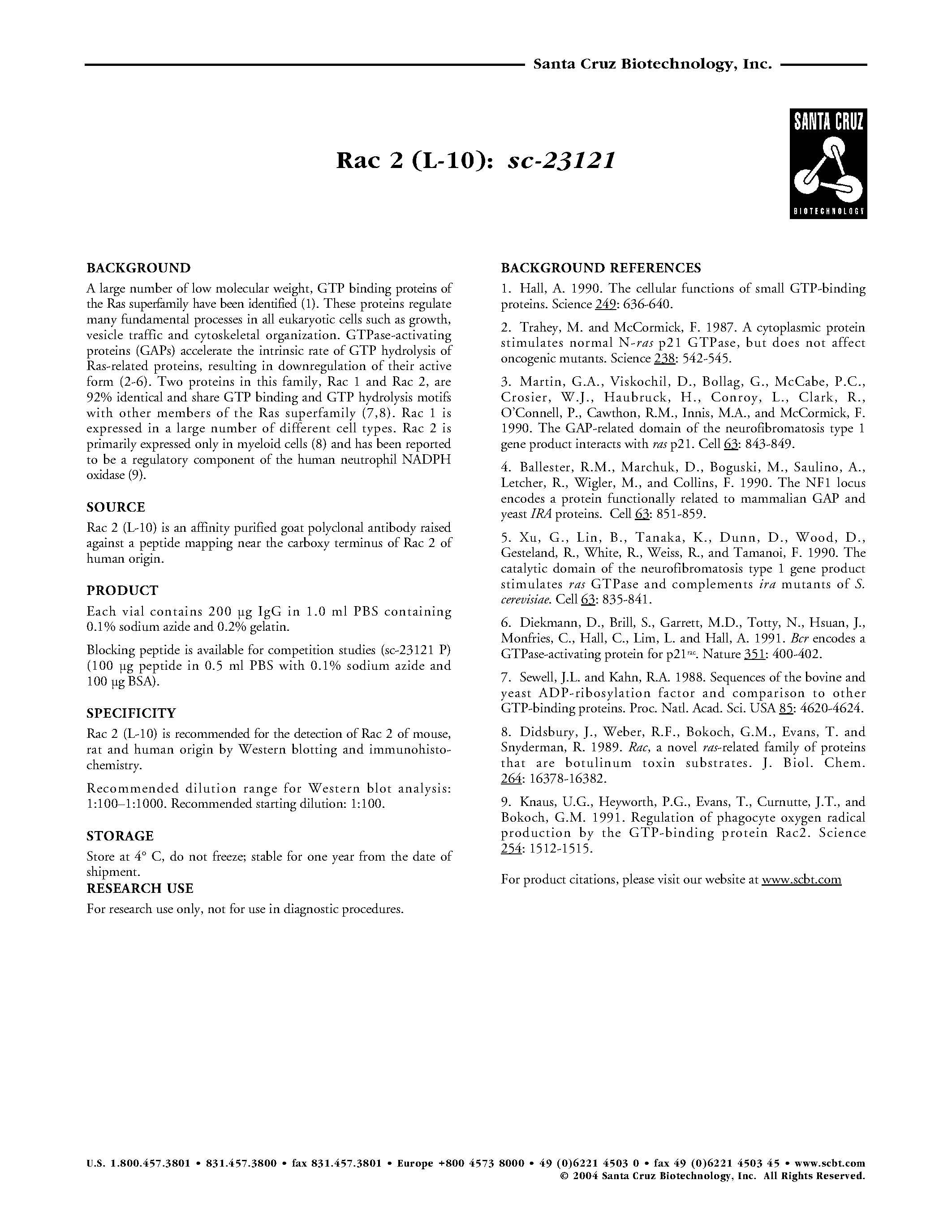 Datasheet SC-23121 - Rac 2 (L-10): sc-23121 page 1