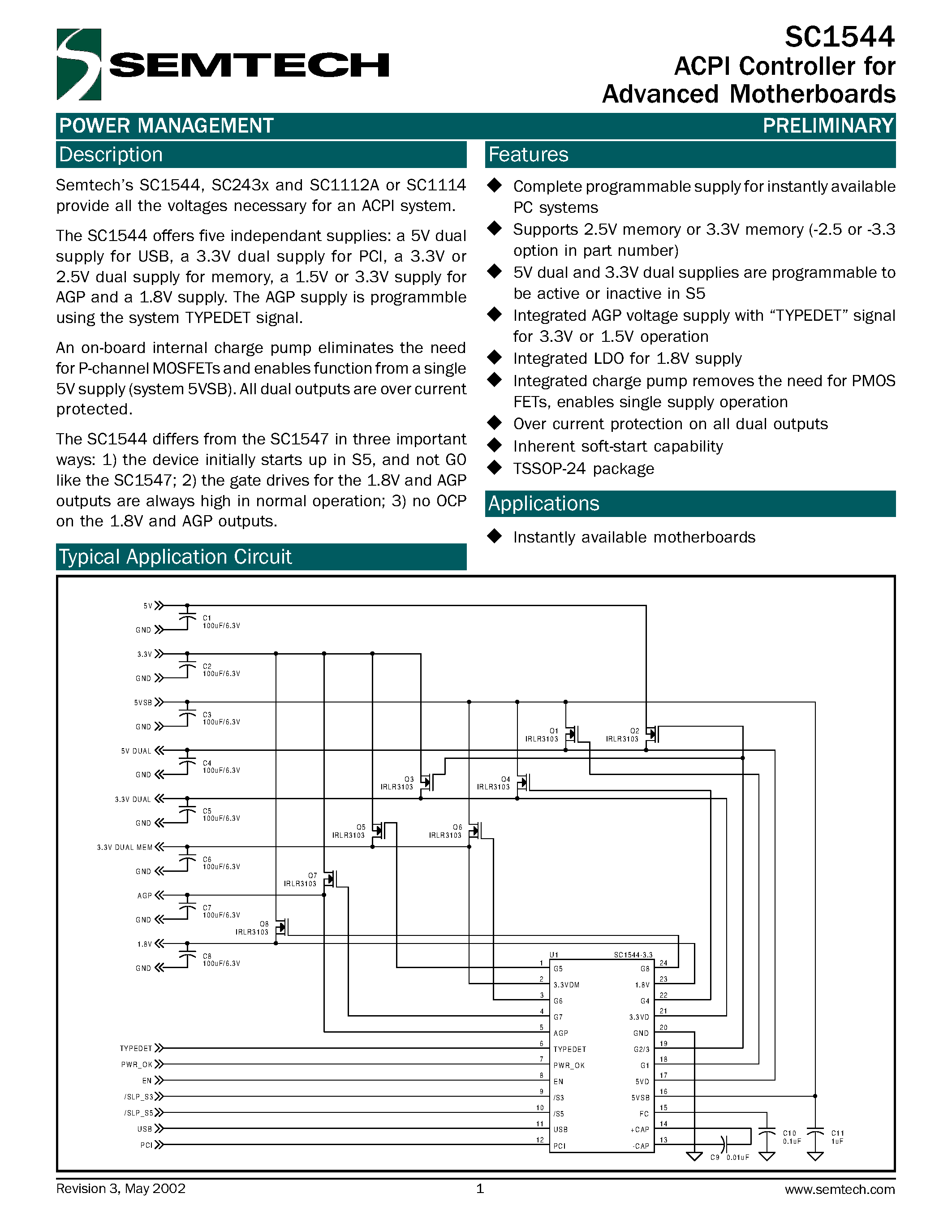 Datasheet SC1544TS-X.XTR - ACPI Controller for Advanced Motherboards page 1