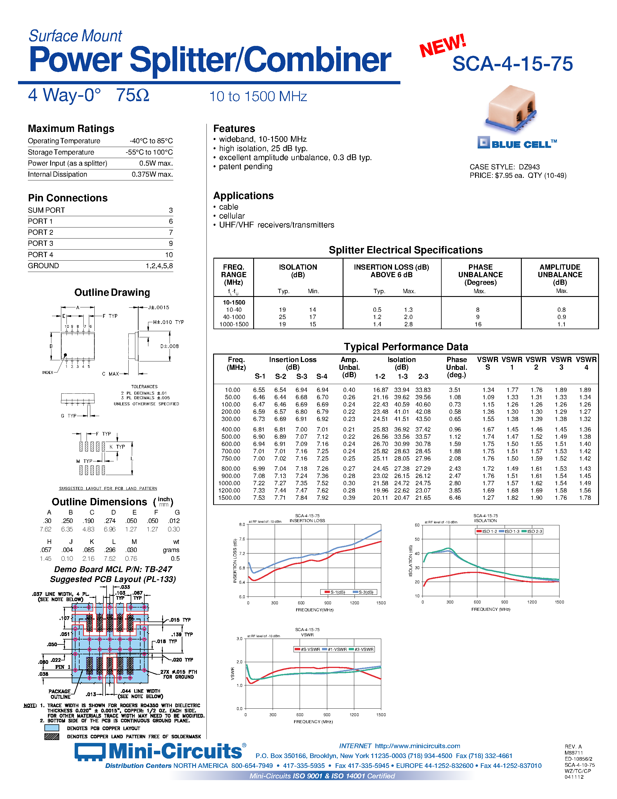 Datasheet SCA-4-15-75 - Power Splitter/Combiner 4 Way-0 75 10 to 1500 MHz page 1