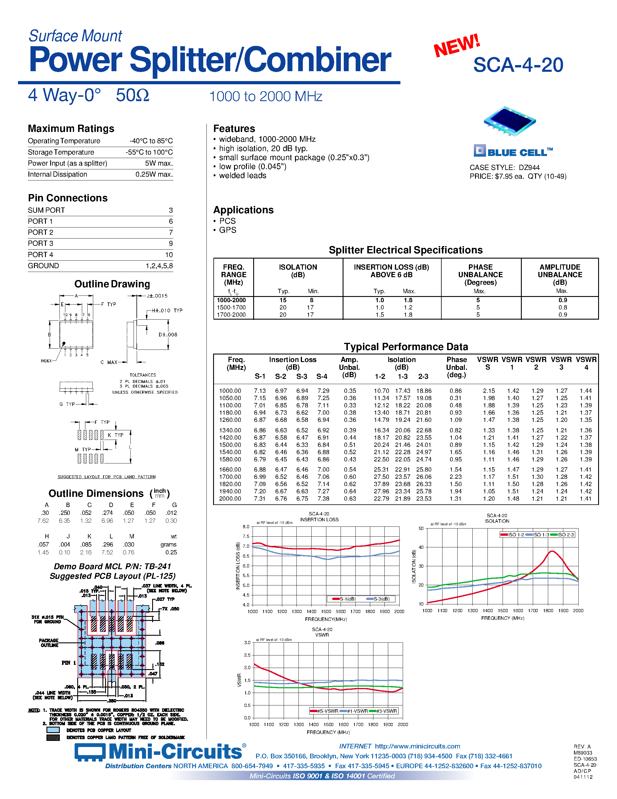 Datasheet SCA-4-20 - Power Splitter/Combiner 4 Way-0 50 1000 to 2000 MHz page 1