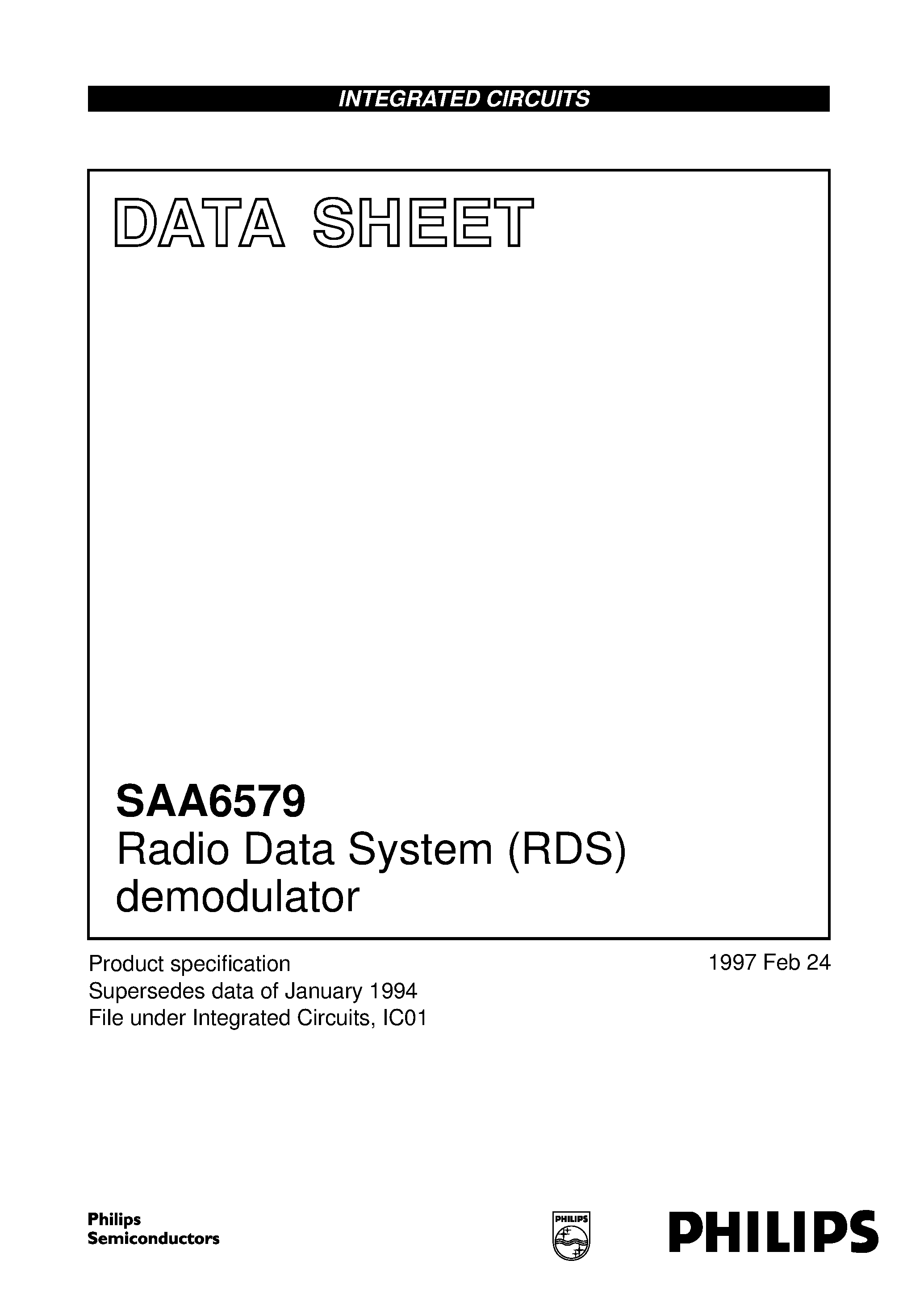 Datasheet SAA6579T - Radio Data System RDS demodulator page 1