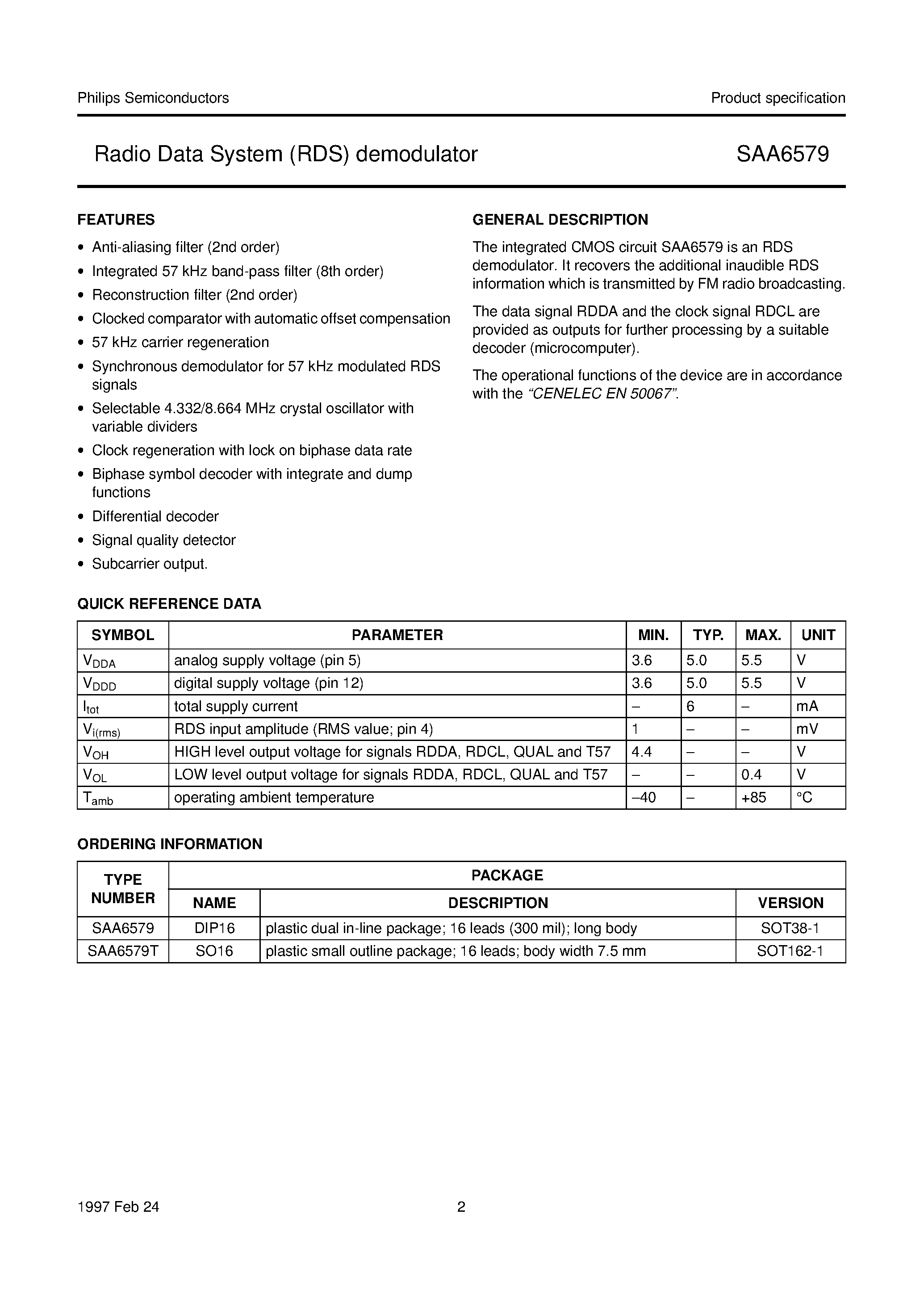 Datasheet SAA6579T - Radio Data System RDS demodulator page 2