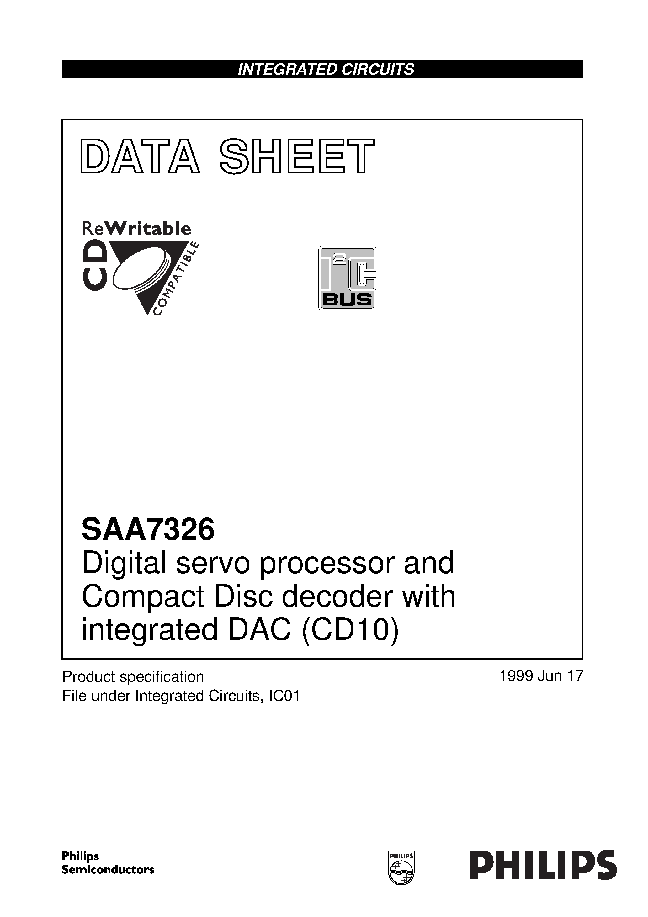 Datasheet SAA7326 - Digital servo processor and Compact Disc decoder with integrated DAC CD10 page 1