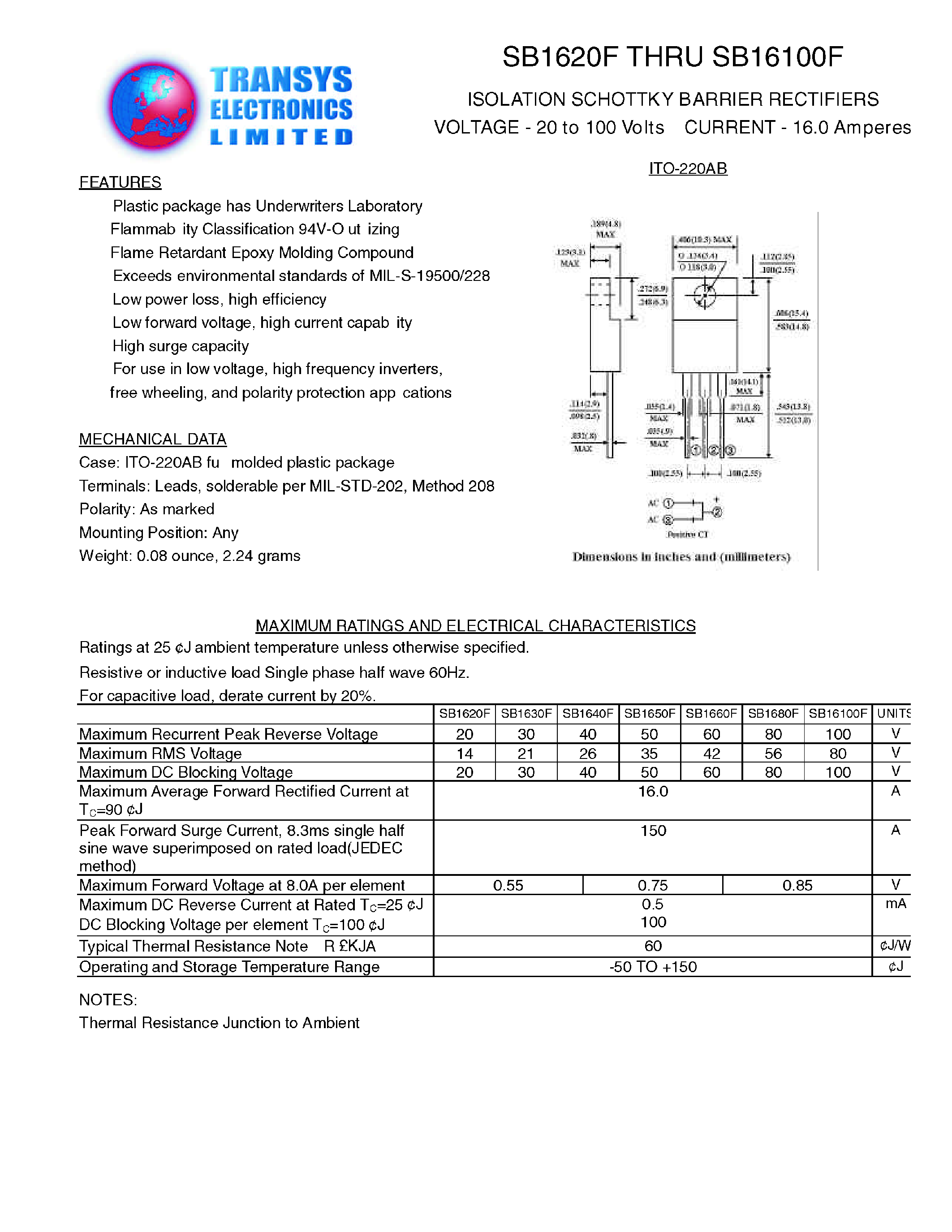 Datasheet SB1650F - ISOLATION SCHOTTKY BARRIER RECTIFIERS page 1