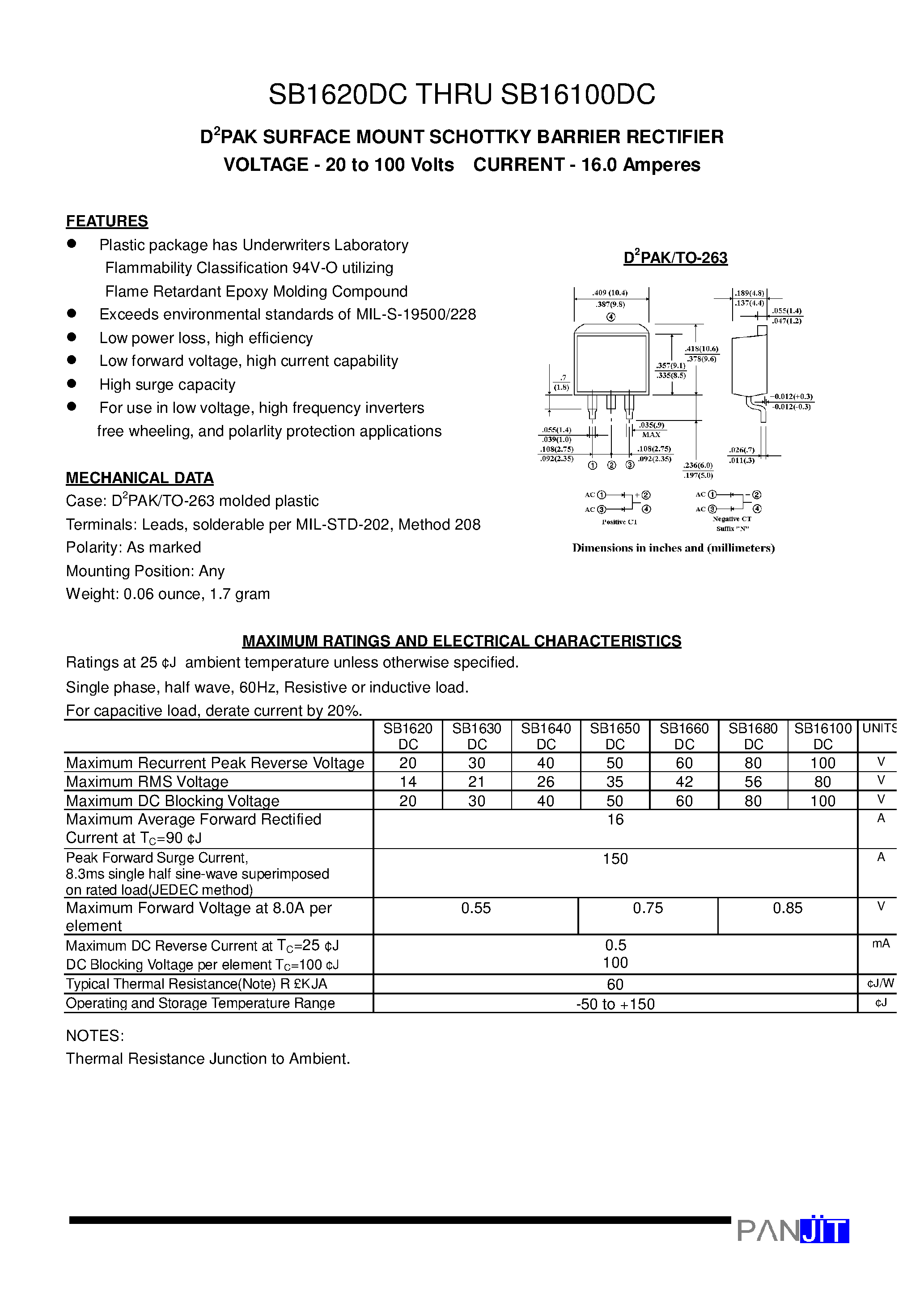 Datasheet SB1660DC - D2PAK SURFACE MOUNT SCHOTTKY BARRIER RECTIFIER(VOLTAGE - 20 to 100 Volts CURRENT - 16.0 Amperes) page 1