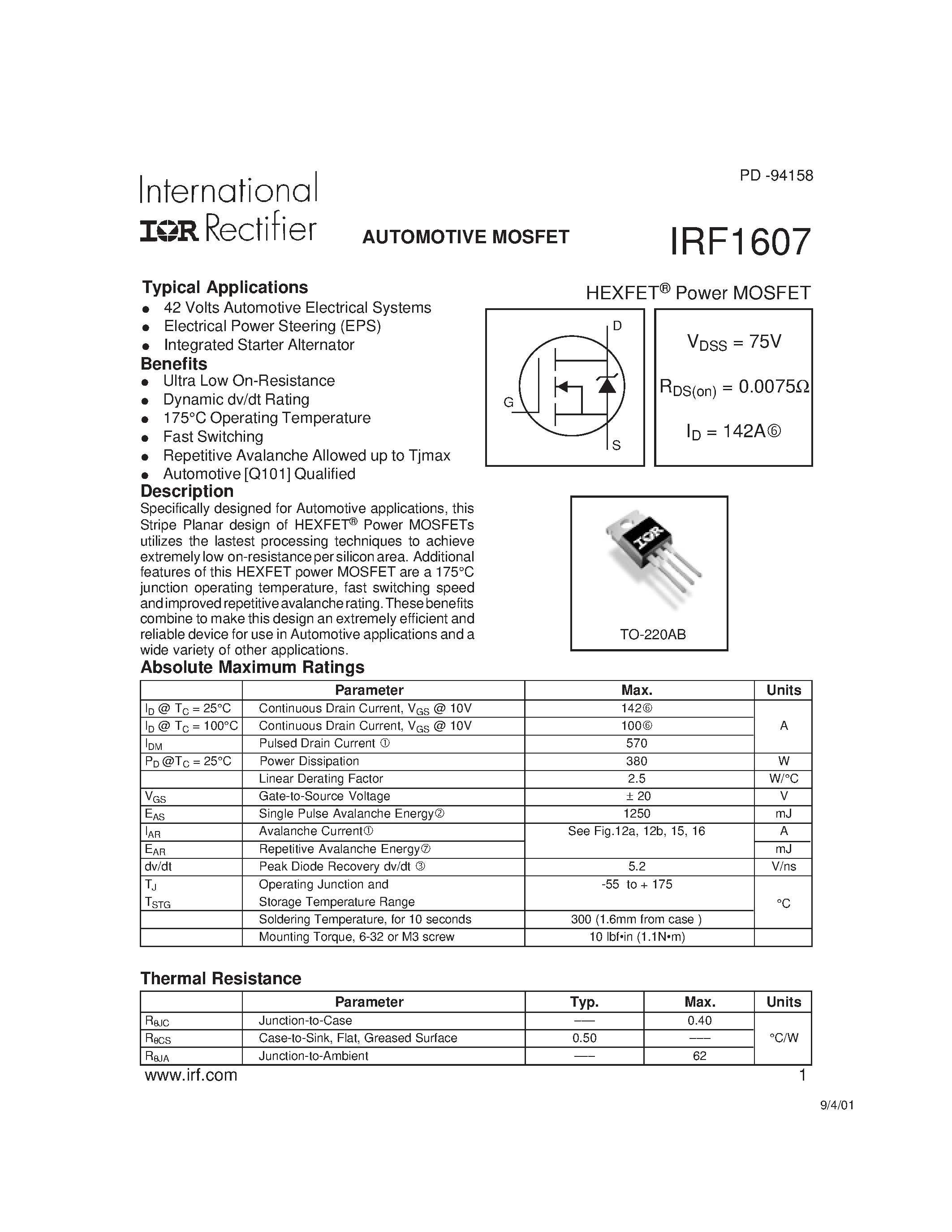 Даташит IRF1607 - Power MOSFET(Vdss=75V/ Rds(on)=0.0075ohm/ Id=142A) страница 1